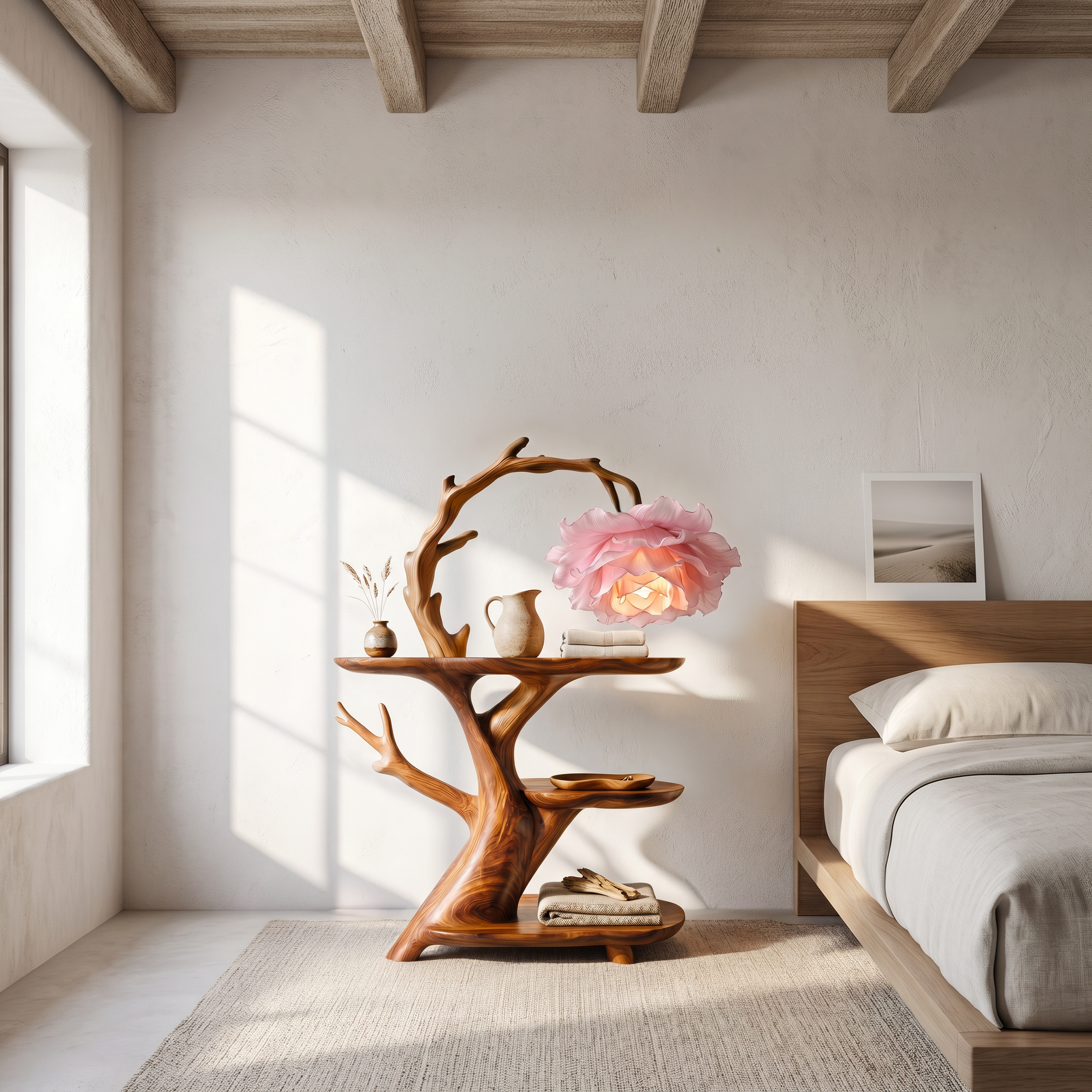 Contemporary Side Table With Floral Accent Lamp For Bedroom And Lounge