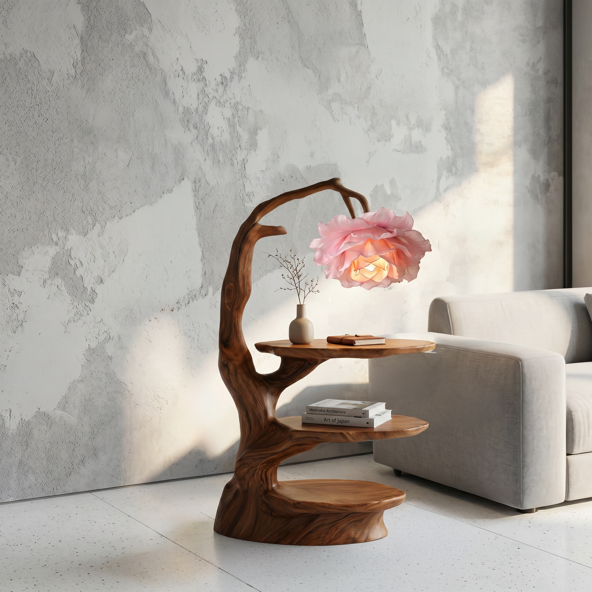 Natural End Table With Tree Branch Form And Flower Lamp For Bedroom And Reading Nook