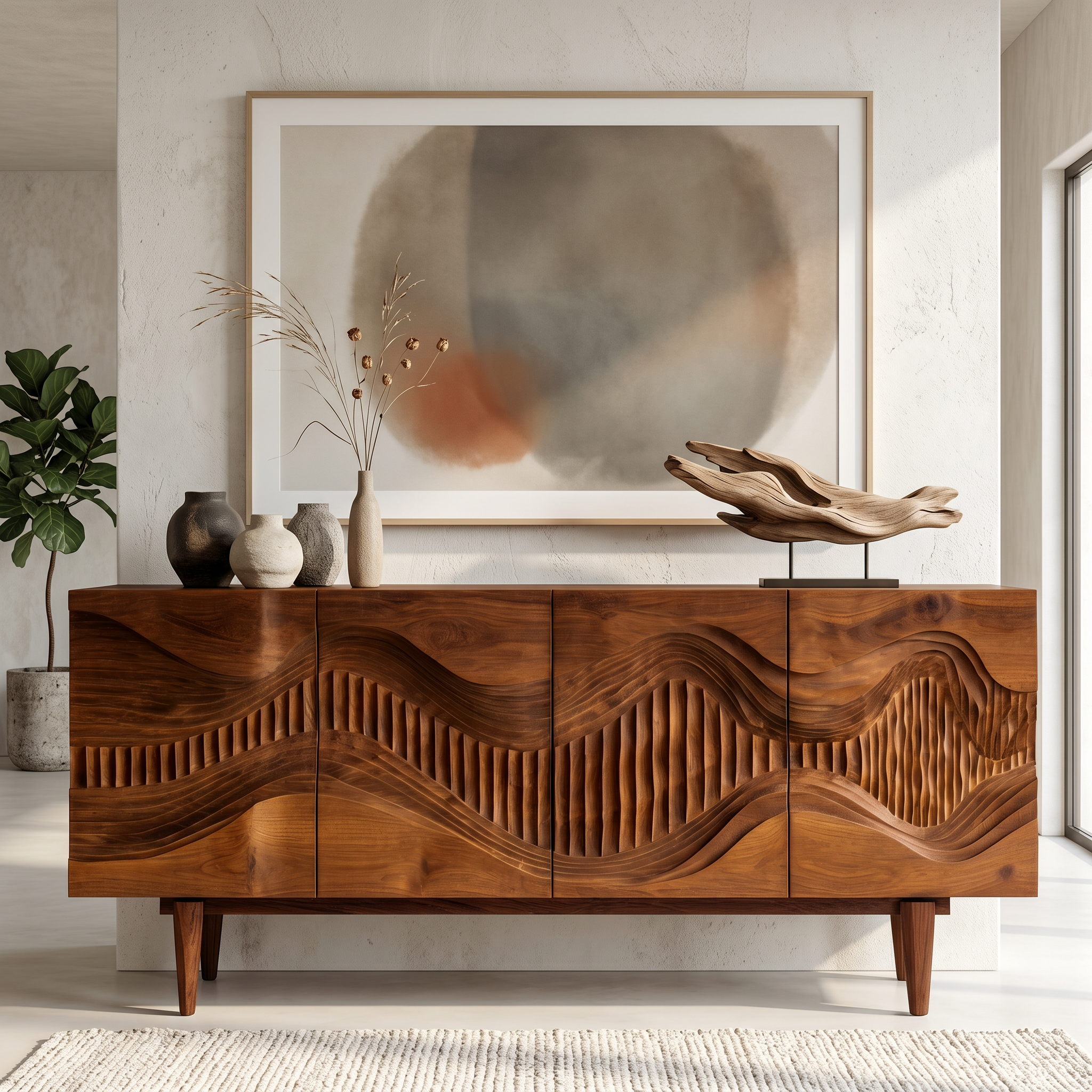 Mid Century Storage Cabinet With Sculptural Wave Carved Wood Doors For Living Room