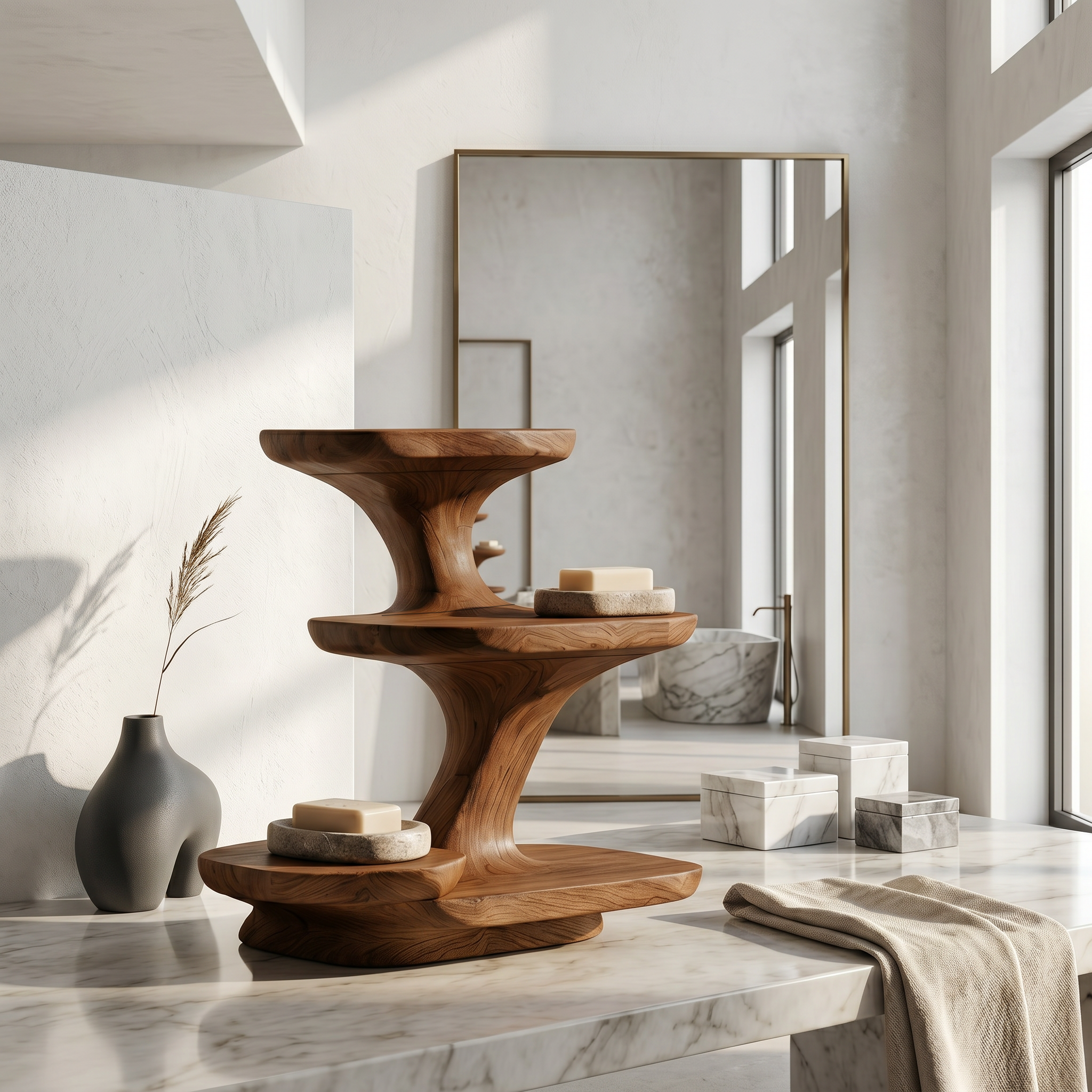 Organic Modern Bathroom Vanity Shelf With Sculptural Tiered Storage For Bathroom