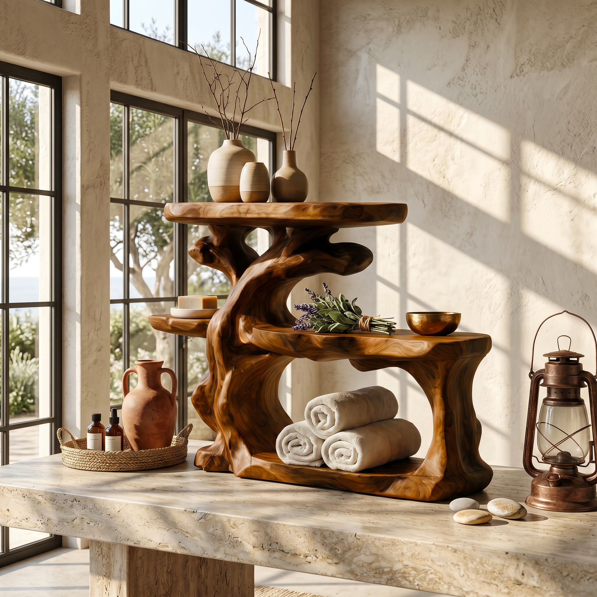 Rustic Bathroom Counter Organizer Shelf With Artistic Wood Form For Bathroom