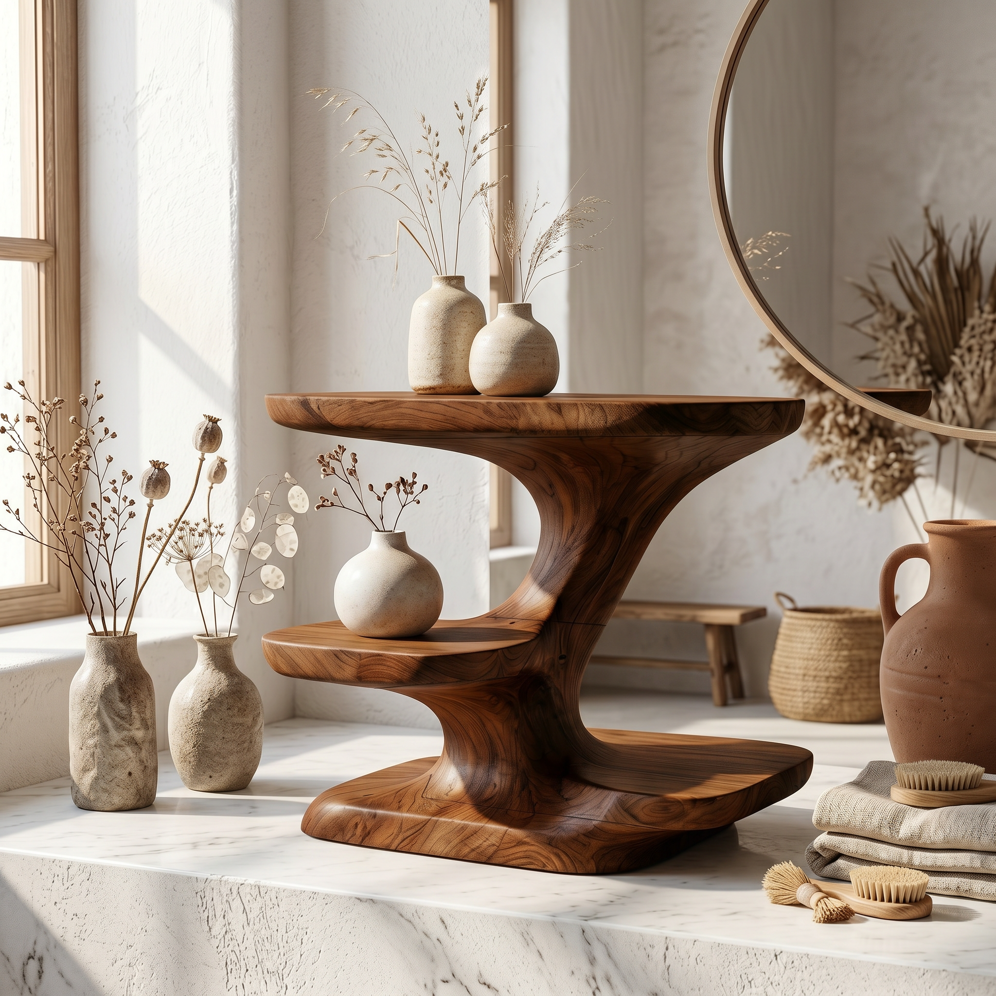 Modern Organic Bathroom Vanity Organizer With Tiered Wood Shelves For Bathroom