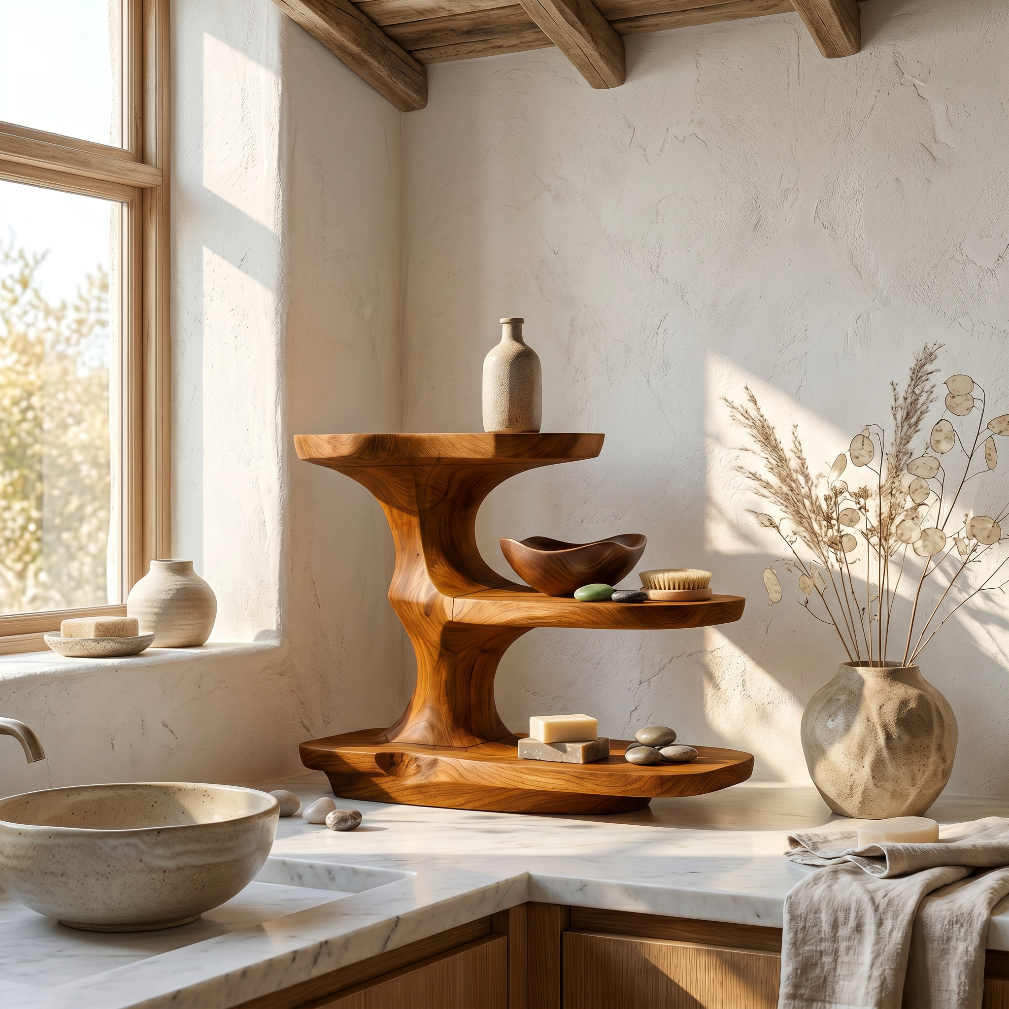Minimalist Bathroom Shelf With Curved Wooden Storage
