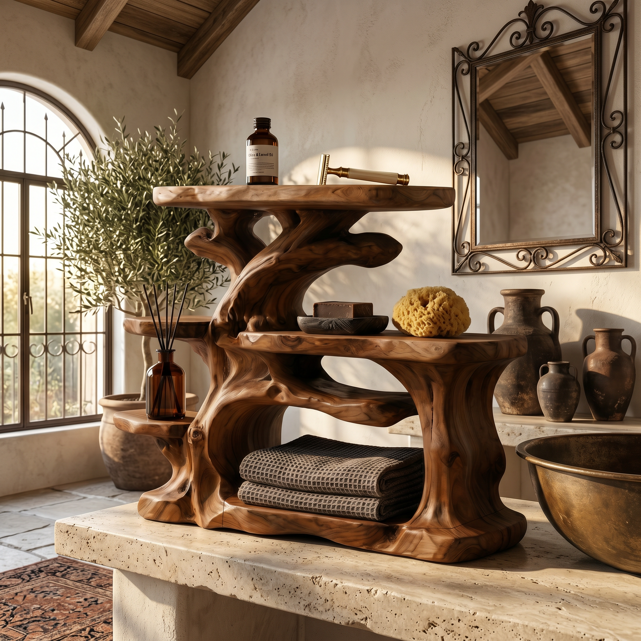 Nature Inspired Bathroom Organizer With Wooden Shelves For Bathroom