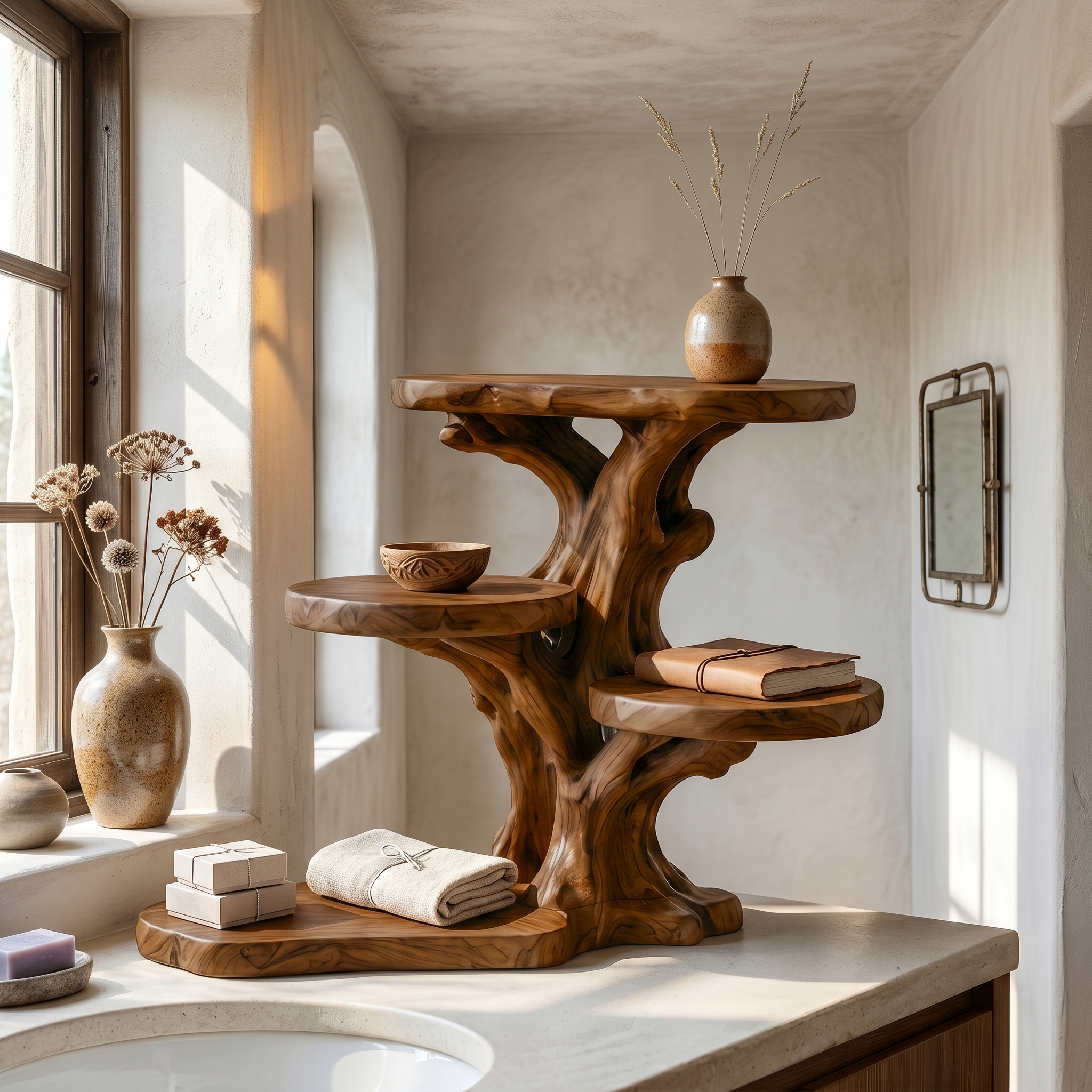 Rustic Tree Bathroom Organizer With Sculptural Display Shelves