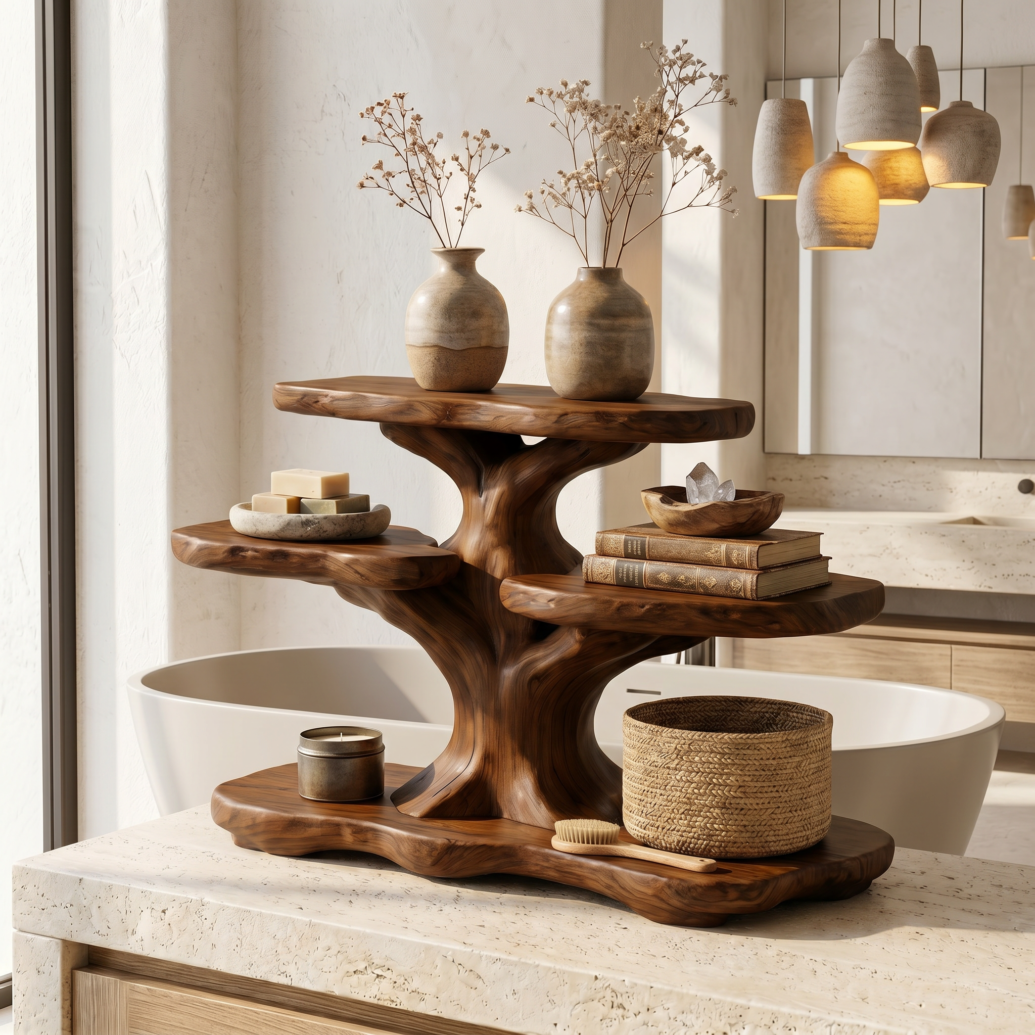 Contemporary Tree Bathroom Organizer With Floating Wood Shelves