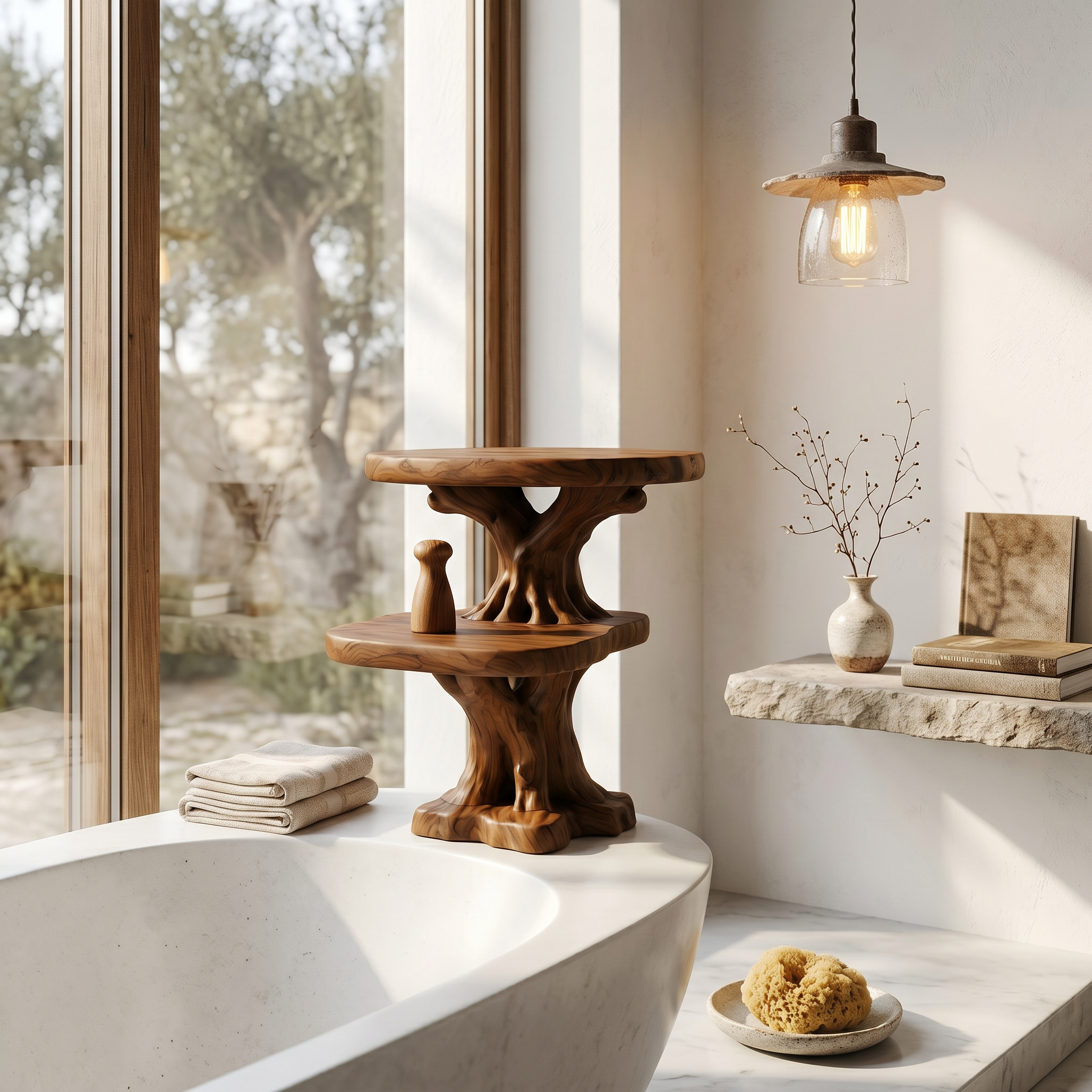 Rustic Tree Bathroom Organizer With Floating Display Shelves