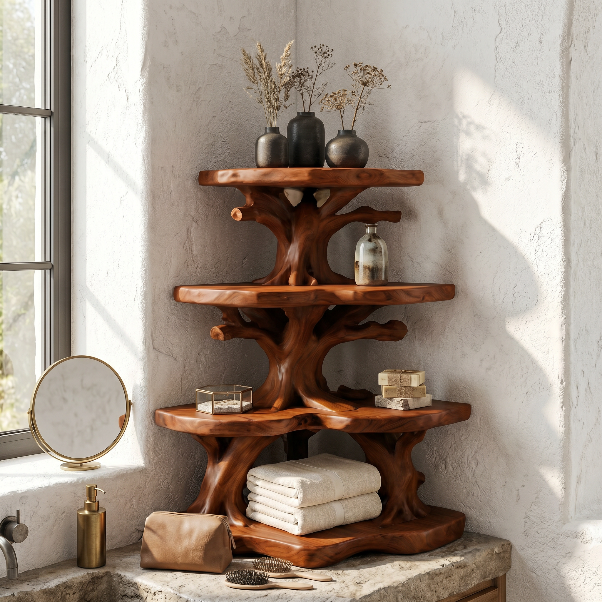 Nature Inspired Corner Bathroom Shelf With Decorative Storage For Bathroom