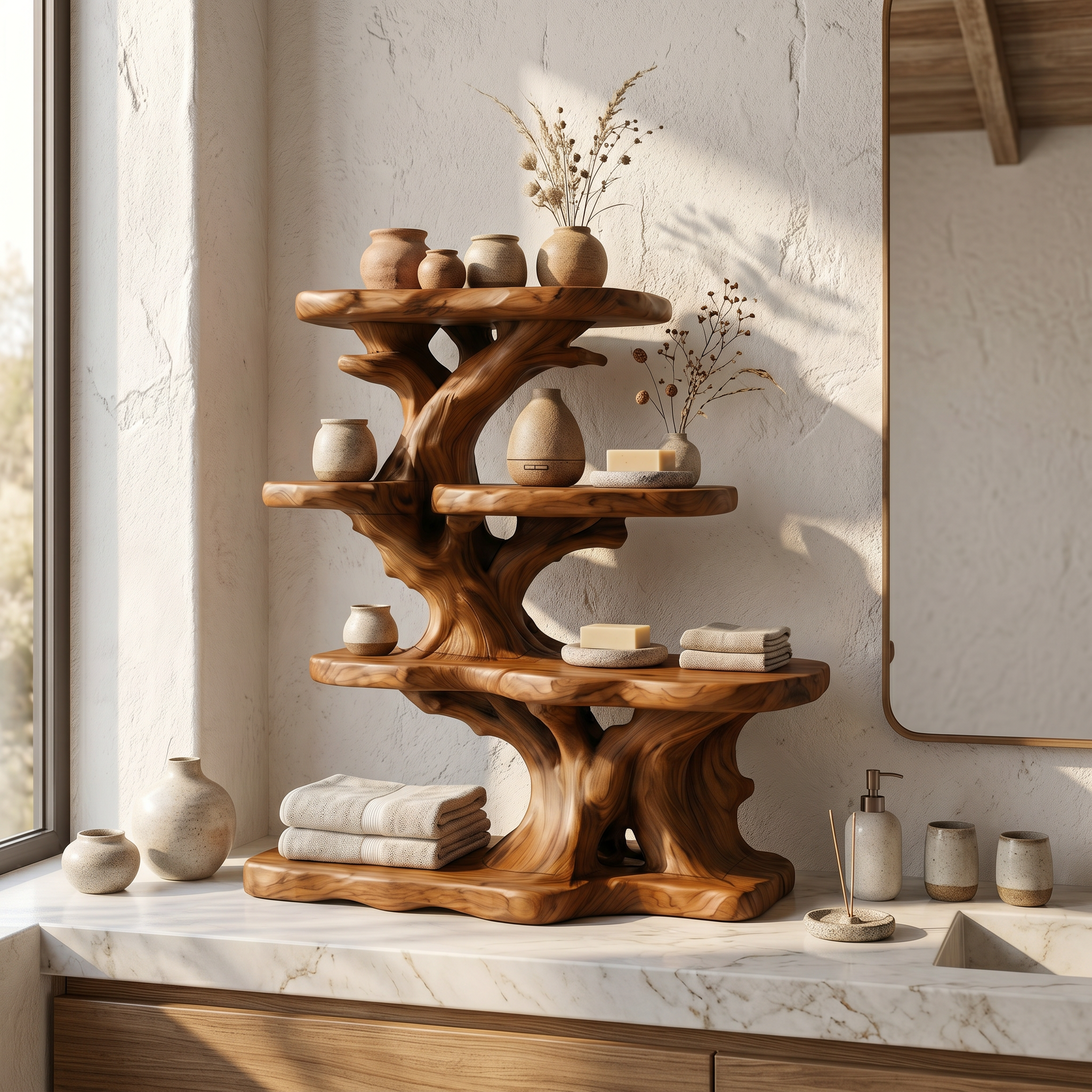 Rustic Bathroom Organizer With Tiered Display Shelves