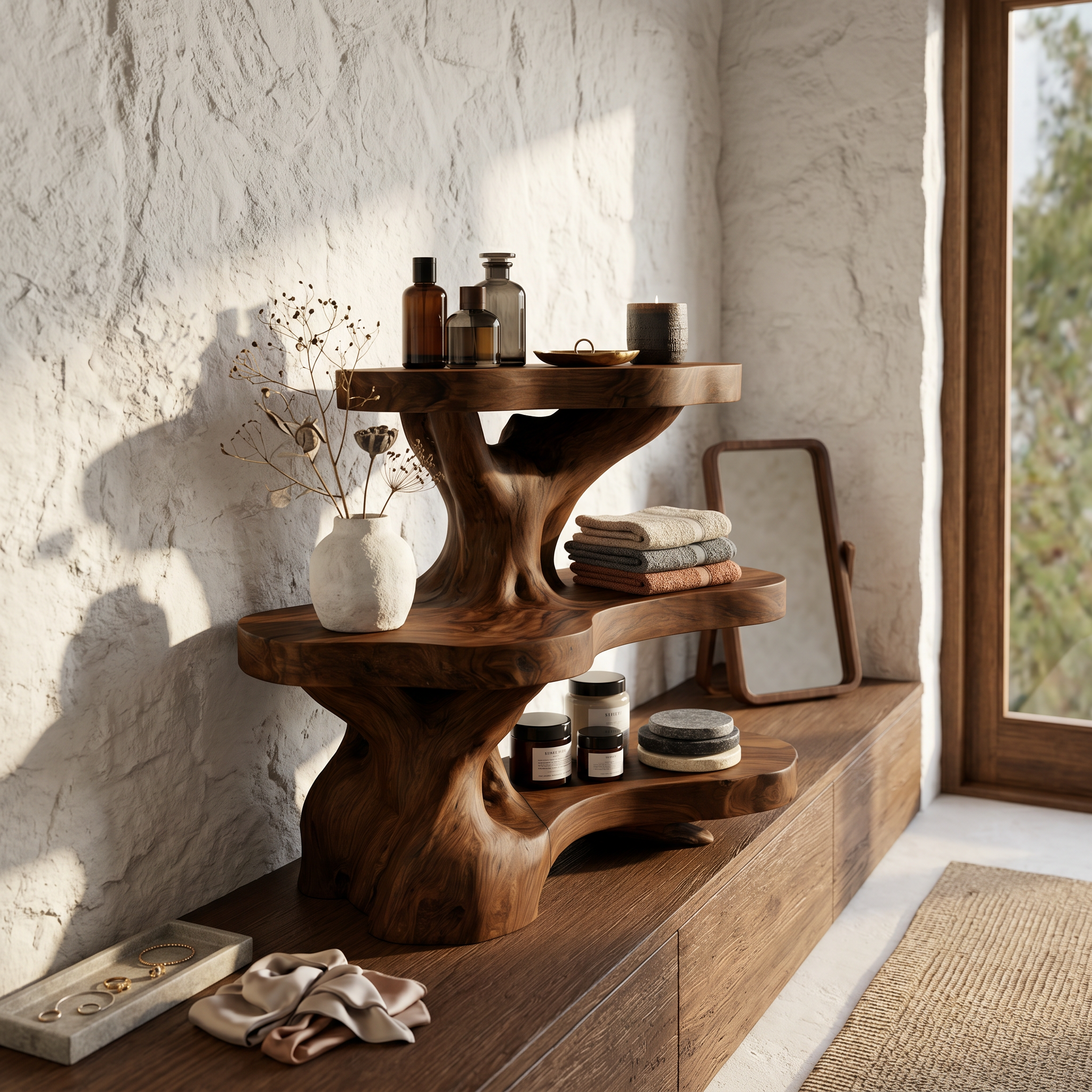 Nature Inspired Bathroom Shelf With Tree Branch Storage For Bathroom