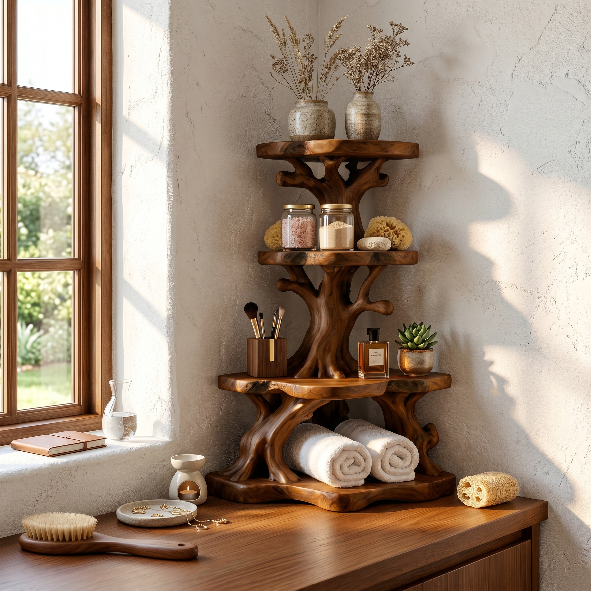 Rustic Bathroom Corner Shelf With Sculptural Wood Display Storage