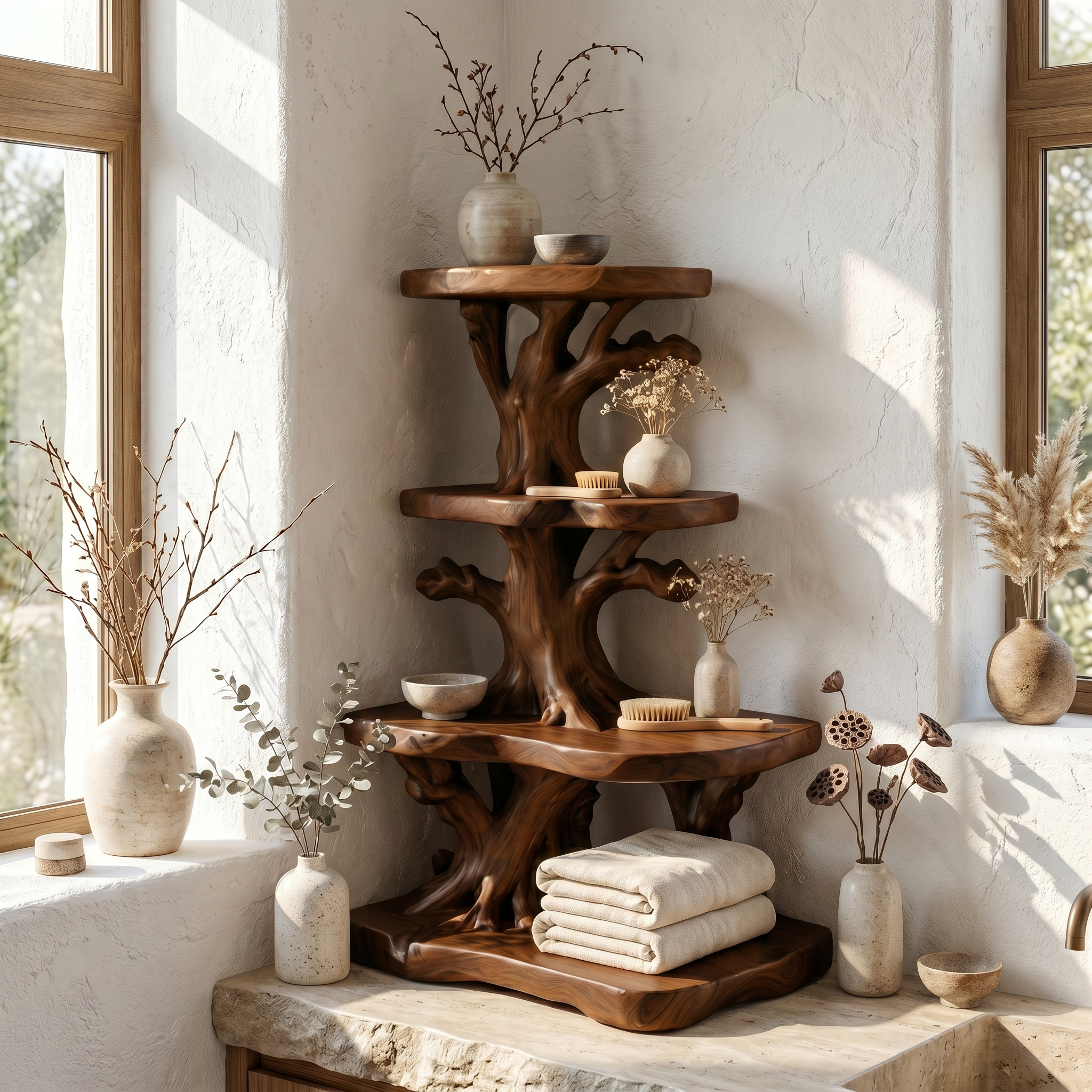 Organic Bathroom Shelf Corner With Floating Display Shelves And Vanity Storage