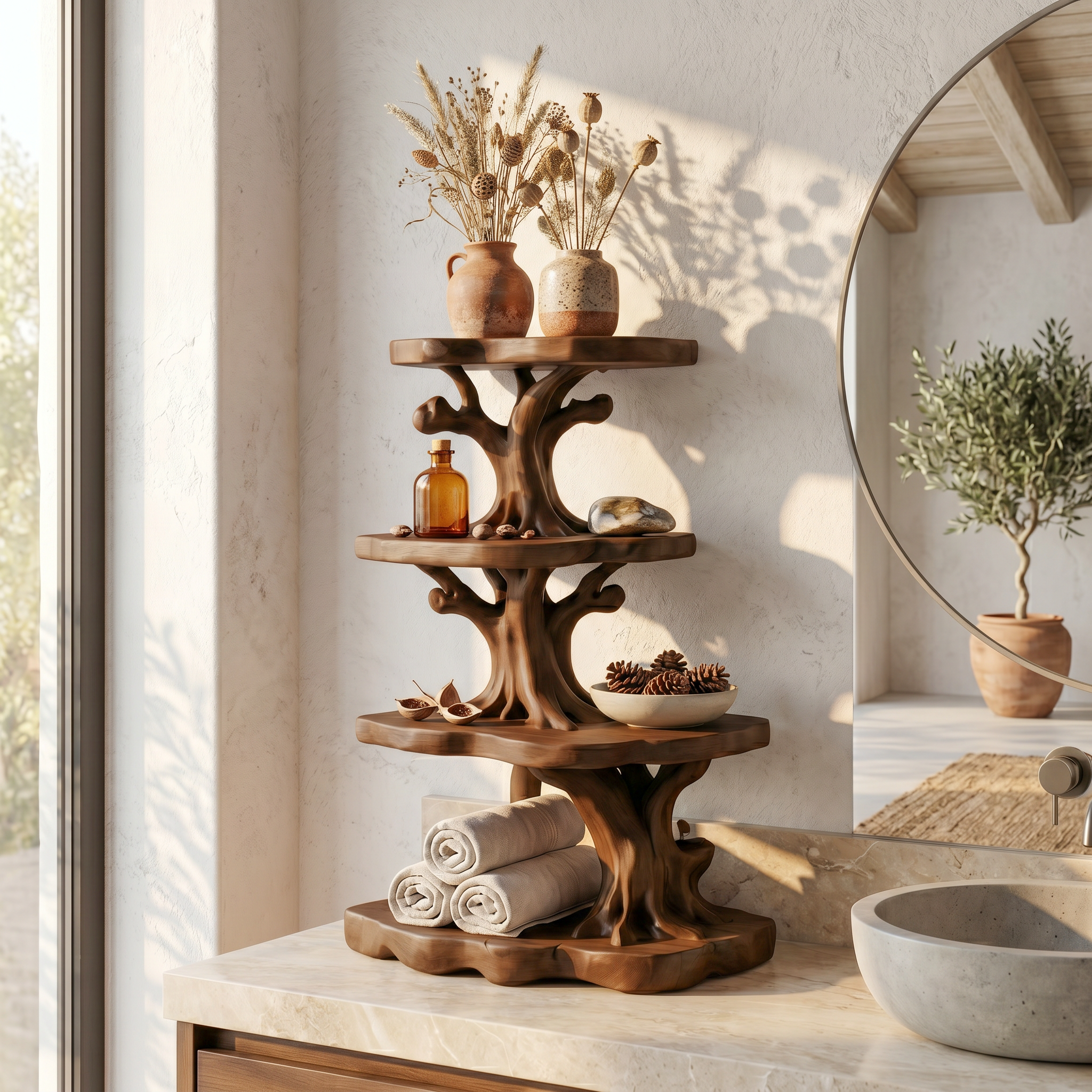 Handcrafted Wooden Bathroom Shelf With Nature Inspired Design For Bathroom