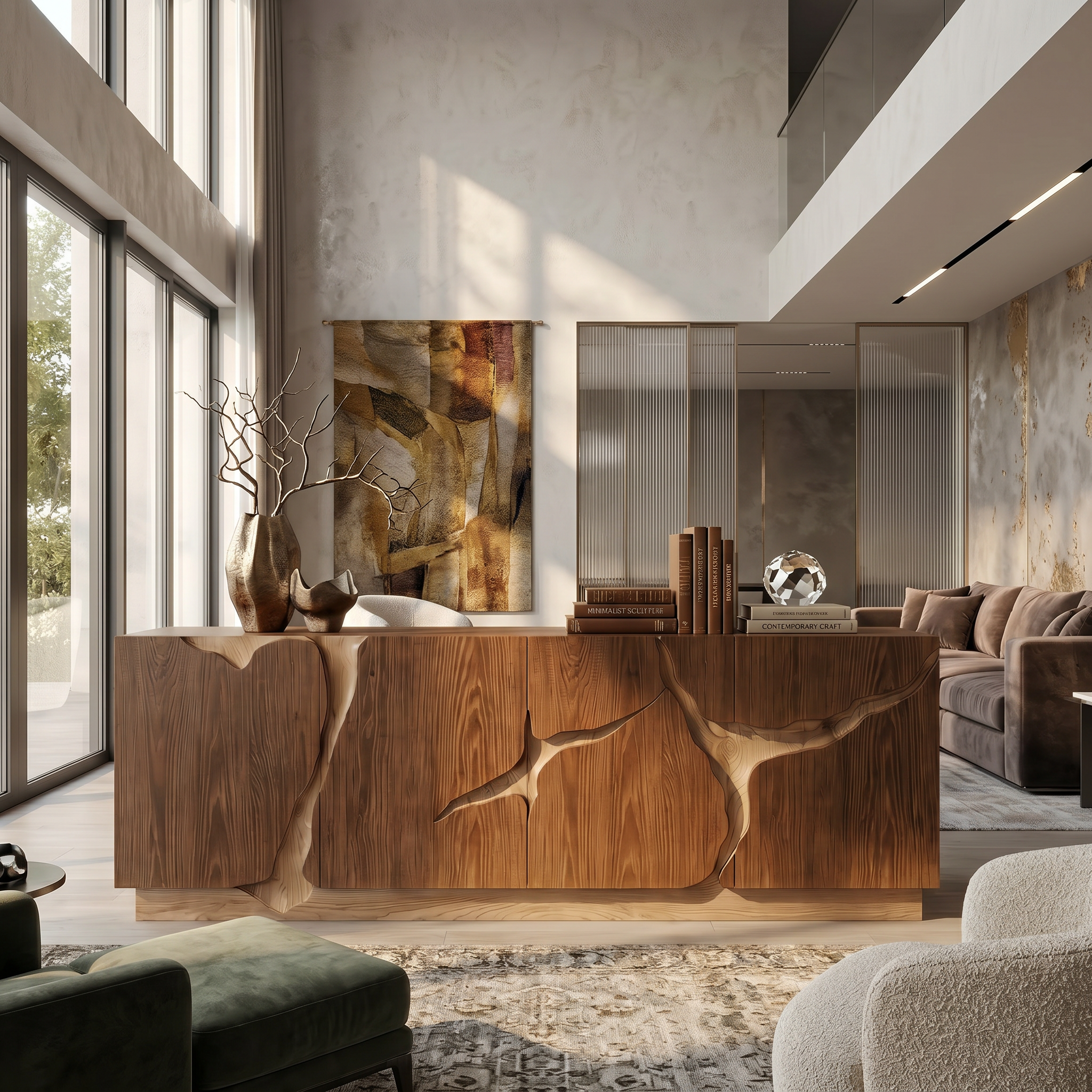 Organic Sideboard With Charred Wood Doors And Natural Live Edge Inlay For Living Room