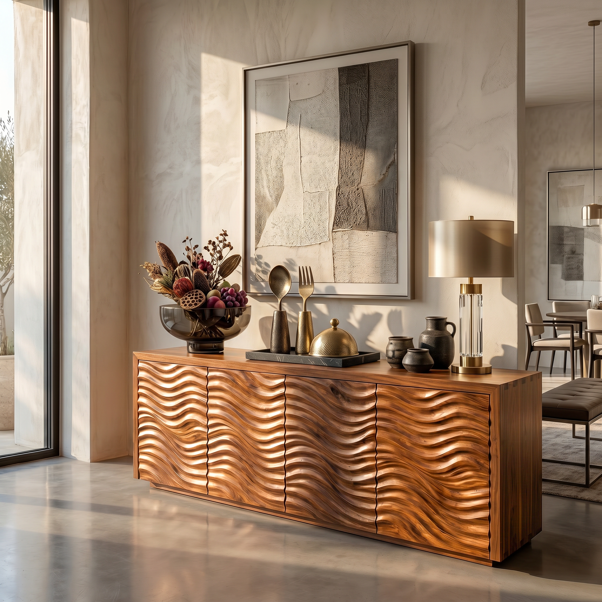 Rustic Sideboard With Hand Carved Wave Wood Doors And Solid Wood Storage For Living Room