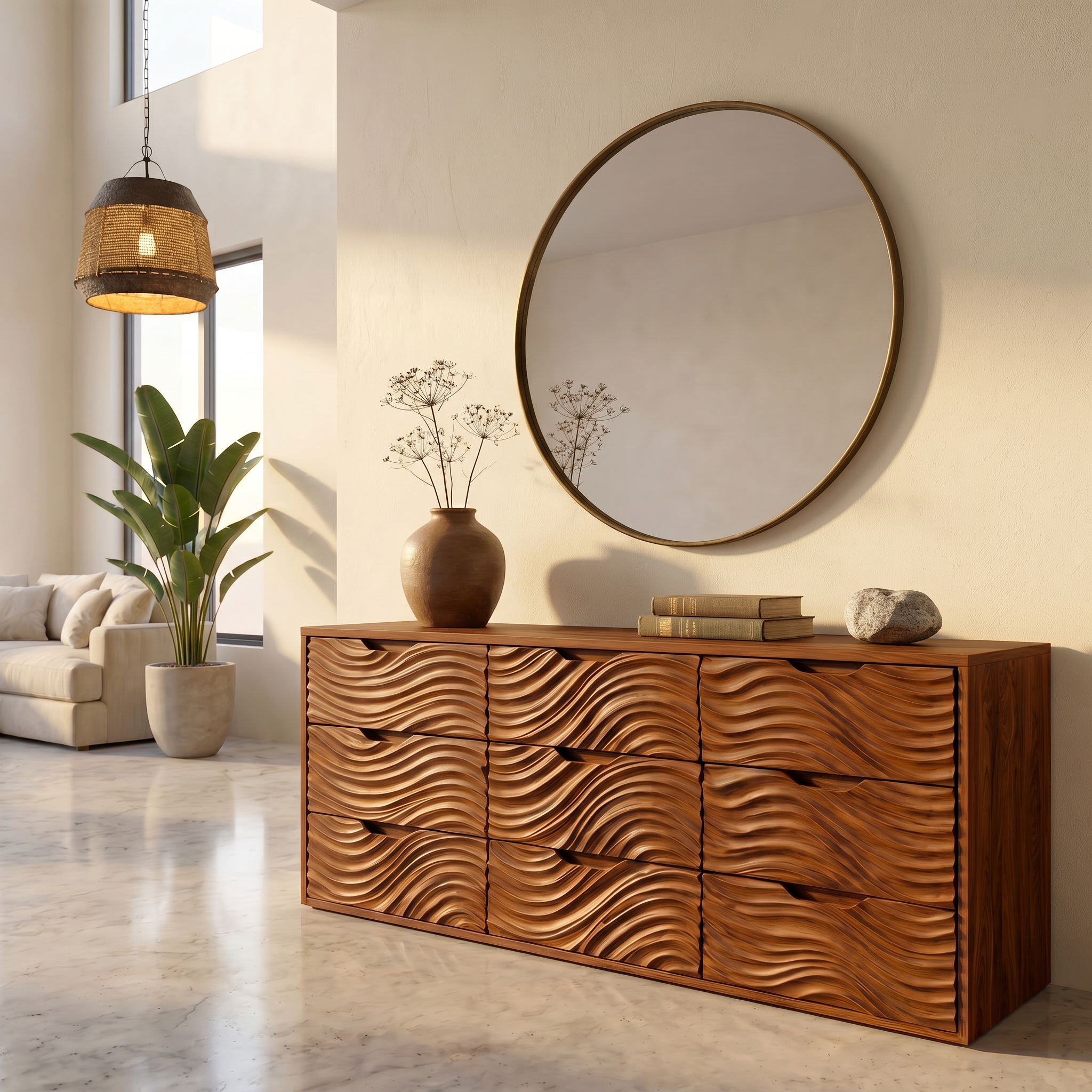 Organic Sideboard With Hand Carved Wave Wood Doors And Solid Wood Storage Cabinet For Living Room