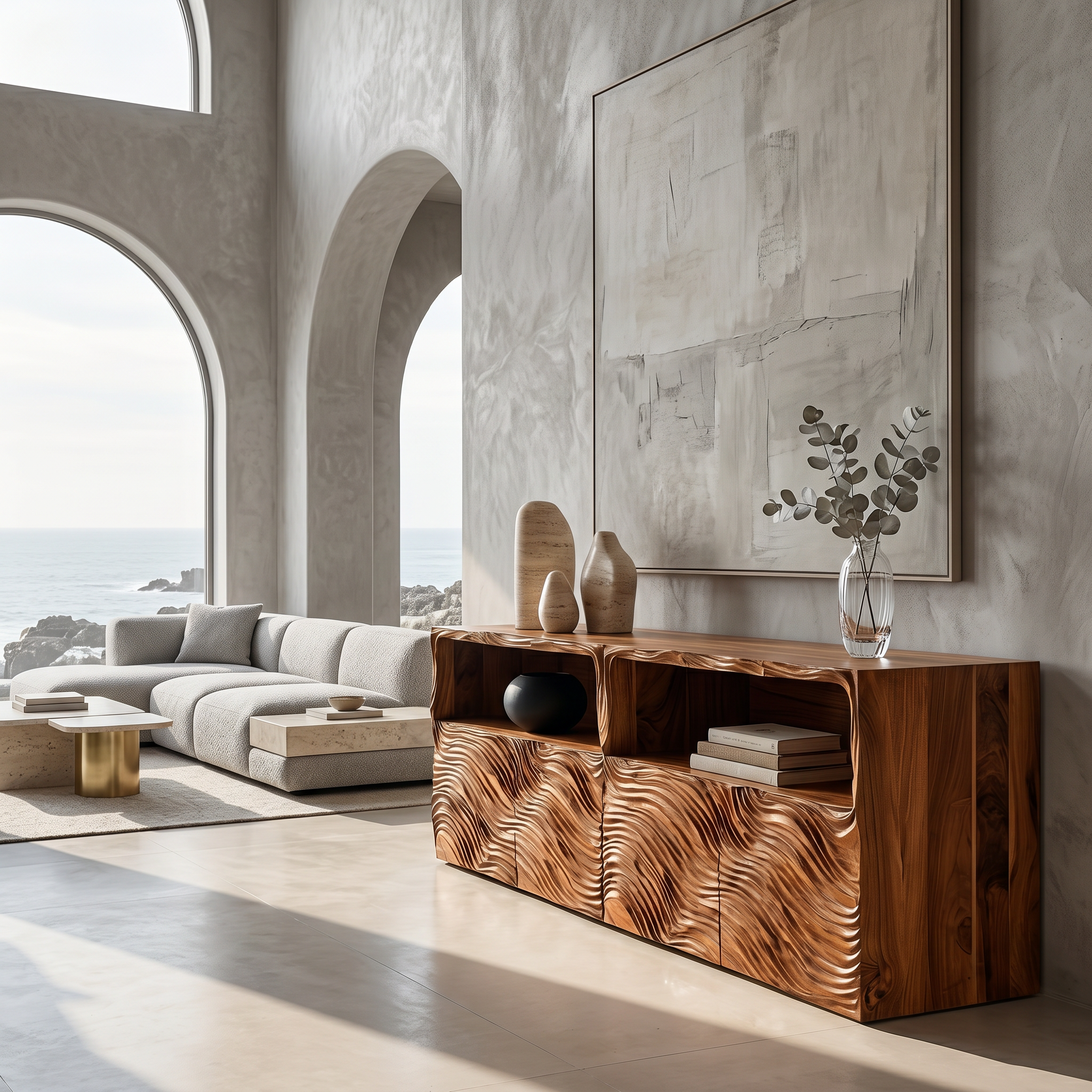 Modern Sideboard With Hand Carved Wave Wood Doors And Open Display Shelves For Living Room