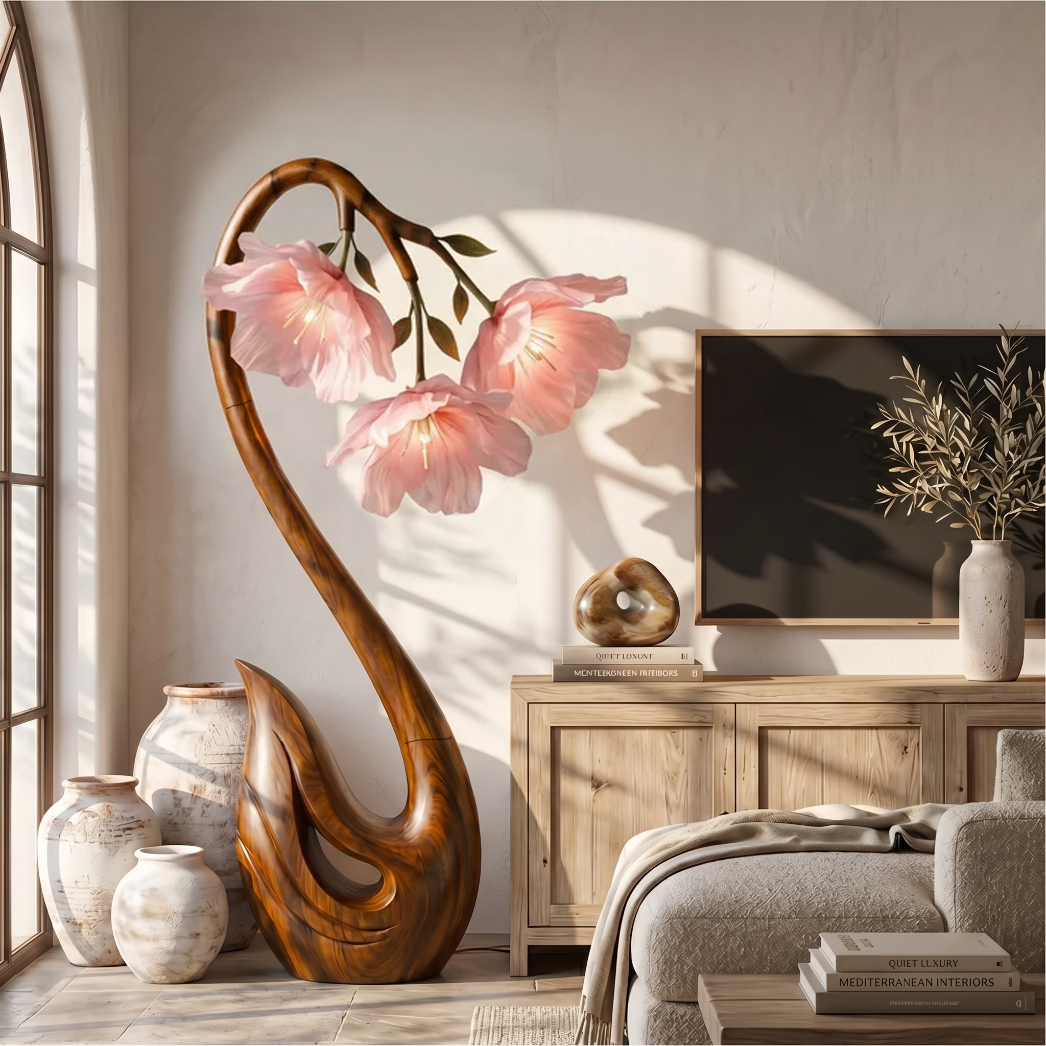 Sculptural Flower Floor Lamp Organic Wood Design For Living Room