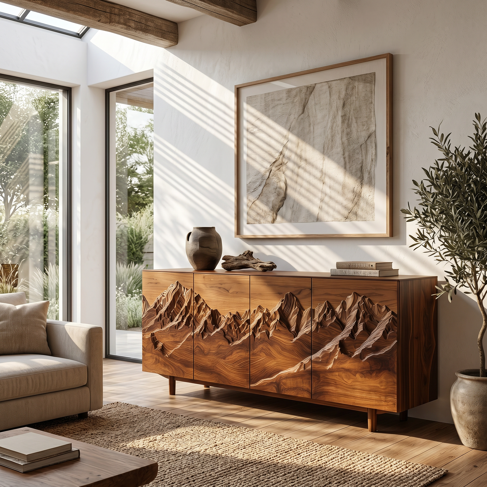 Rustic Mountain Landscape Sideboard With Carved Wood Doors For Living Room And Entryway