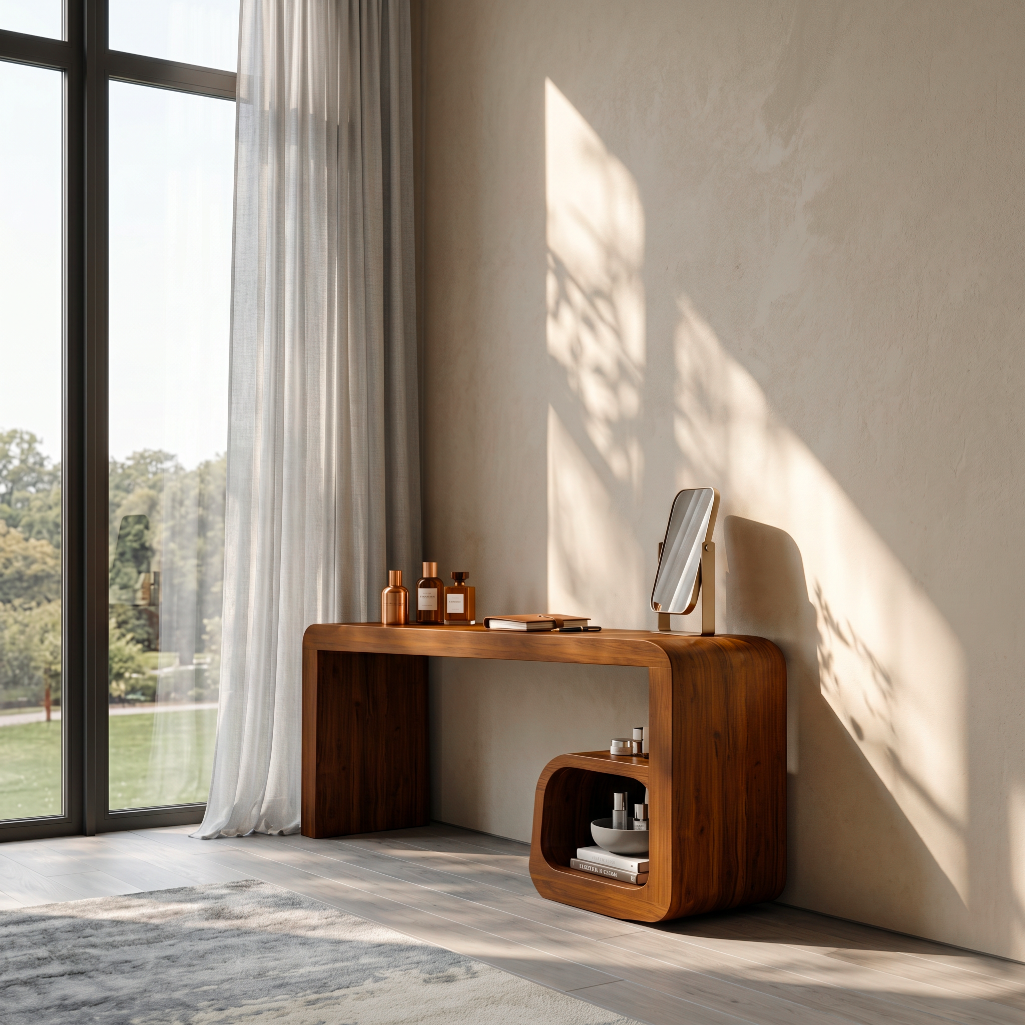 Sculptural Dressing Table With Curved Wood Silhouette For Bedroom Decor