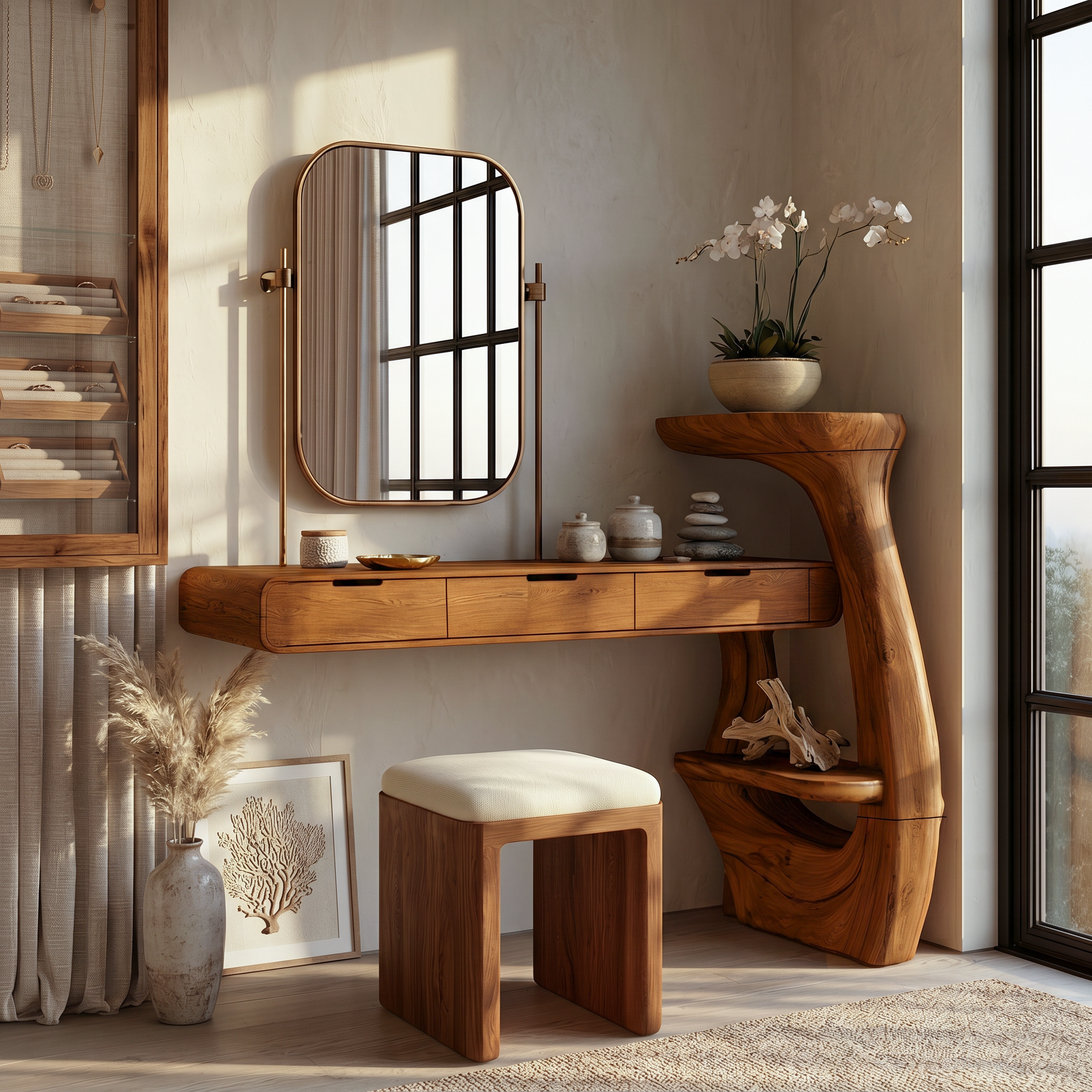 Sculptural Dressing Table With Handcrafted Wood Structure For Bedroom