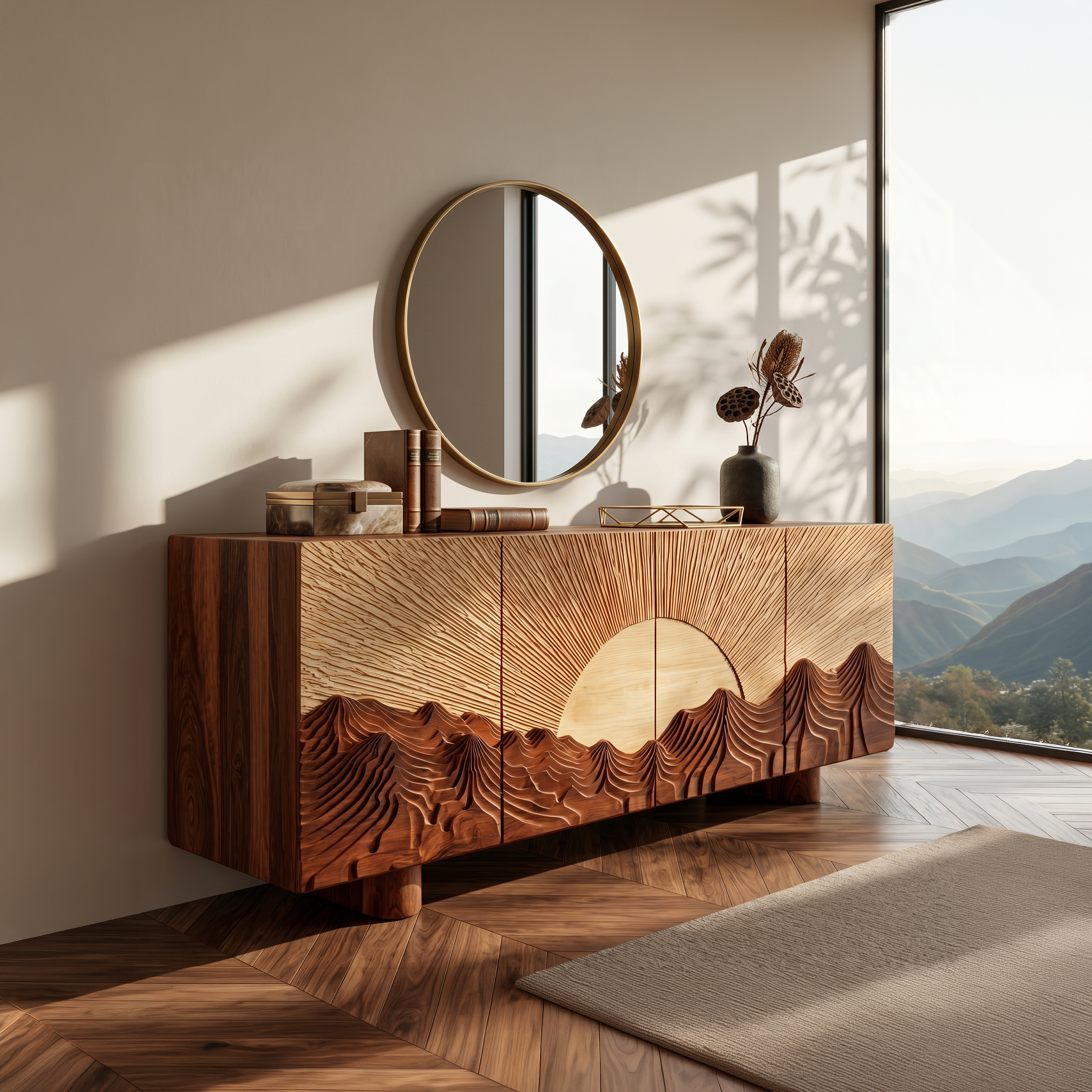 Rustic Mountain Sunrise Sideboard With Carved Wood Doors For Living Room