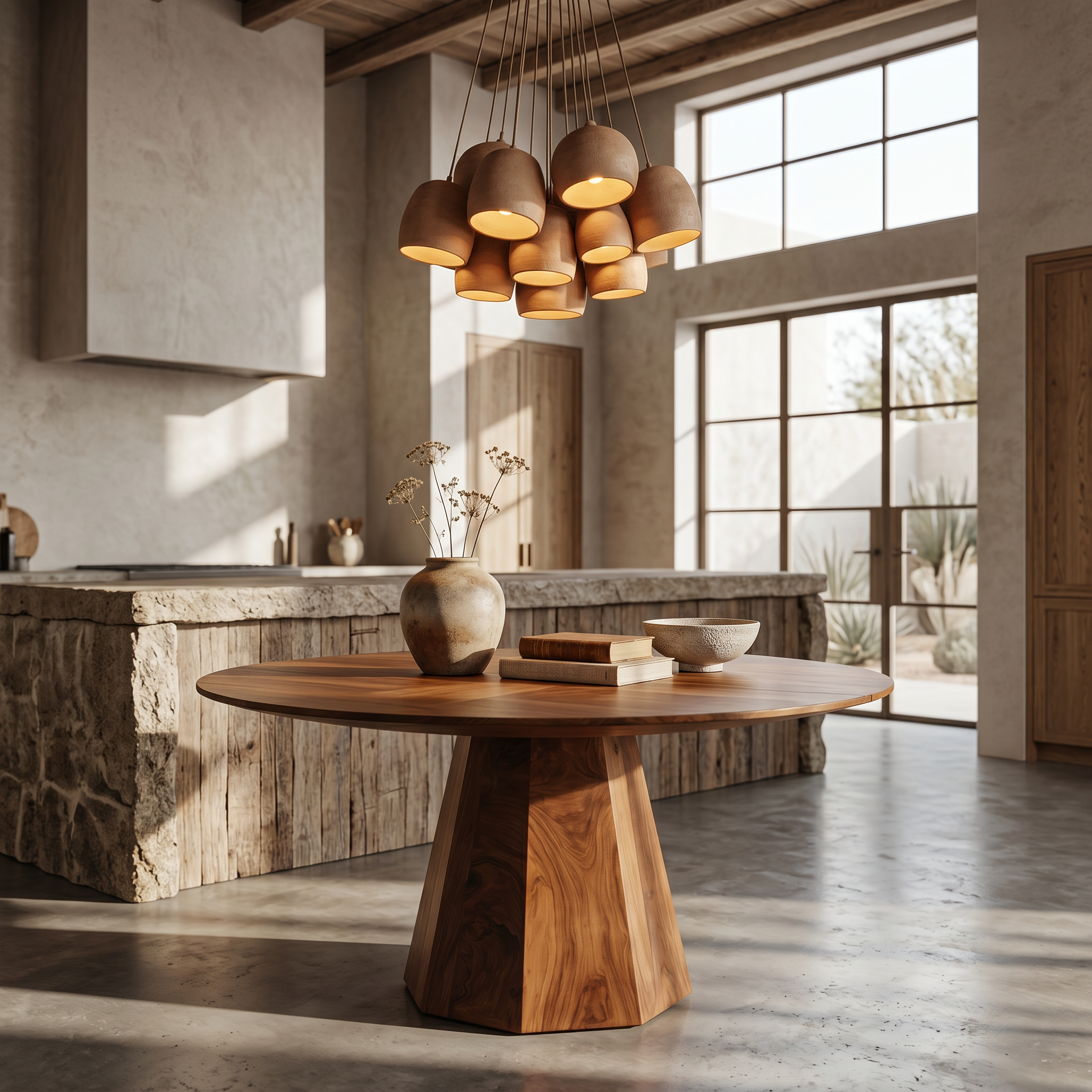 Organic Dining Table With Solid Wood Top And Sculptural Pedestal Base For Dining Room