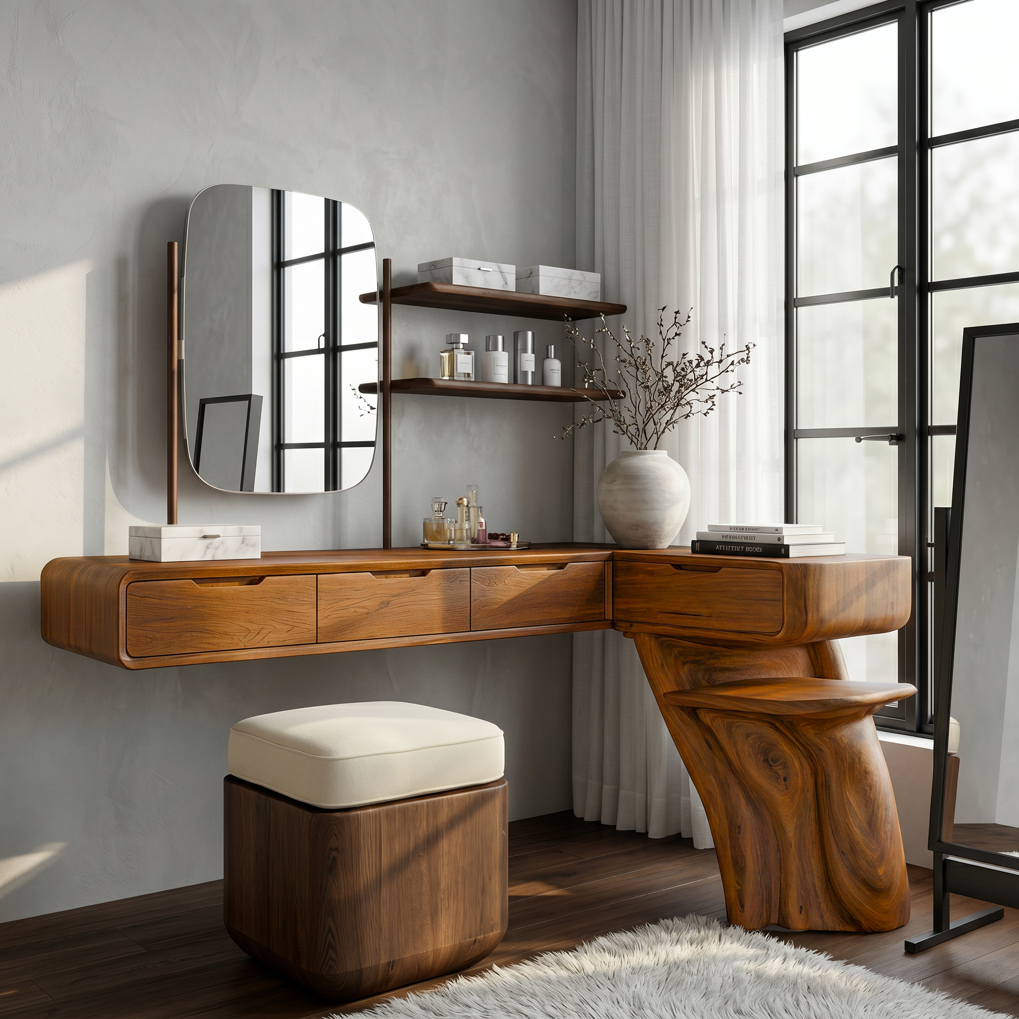 Nature Inspired Dressing Table With Sculptural Wood Design For Bedroom