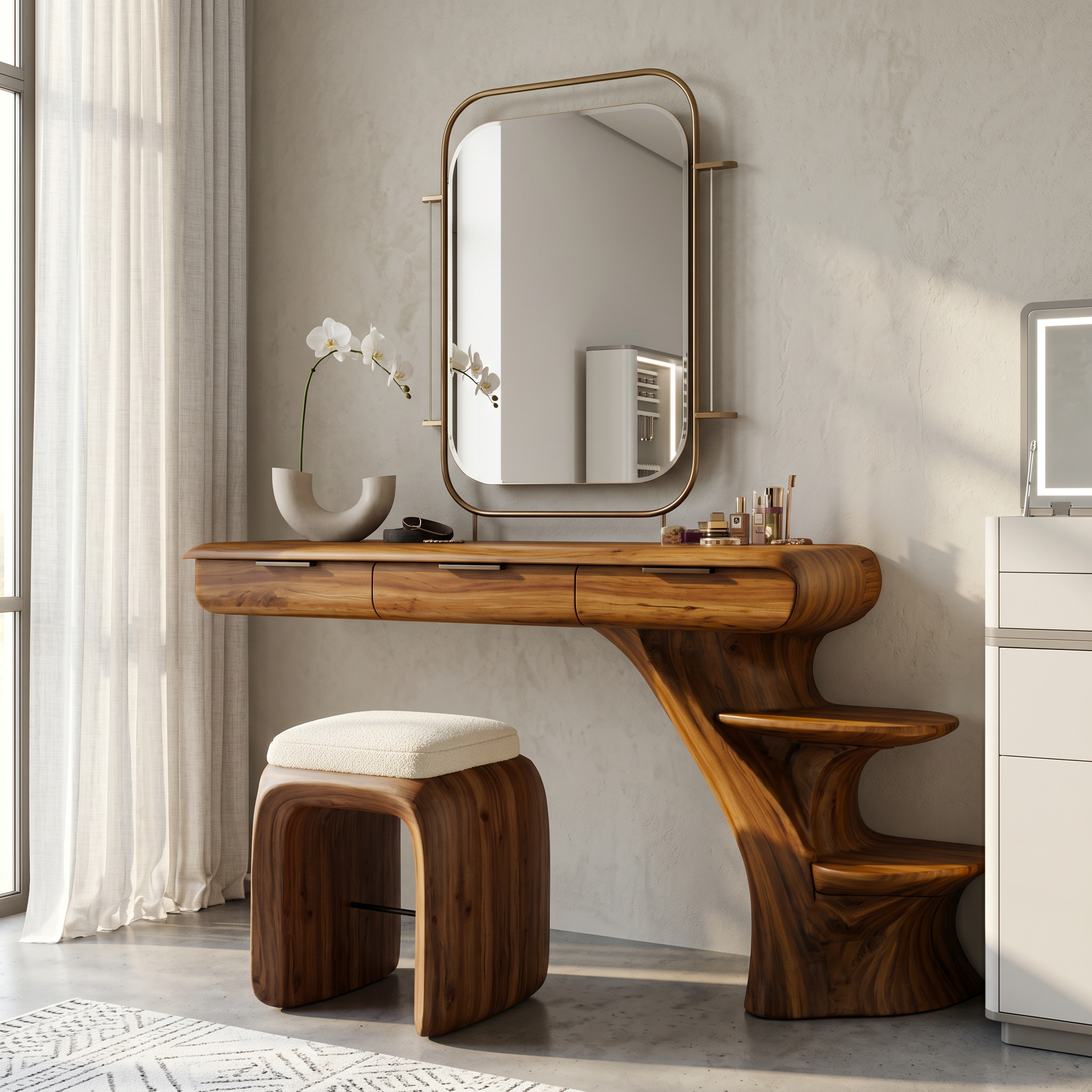 Sculptural Dressing Table With Open Storage Shelves For Bedroom