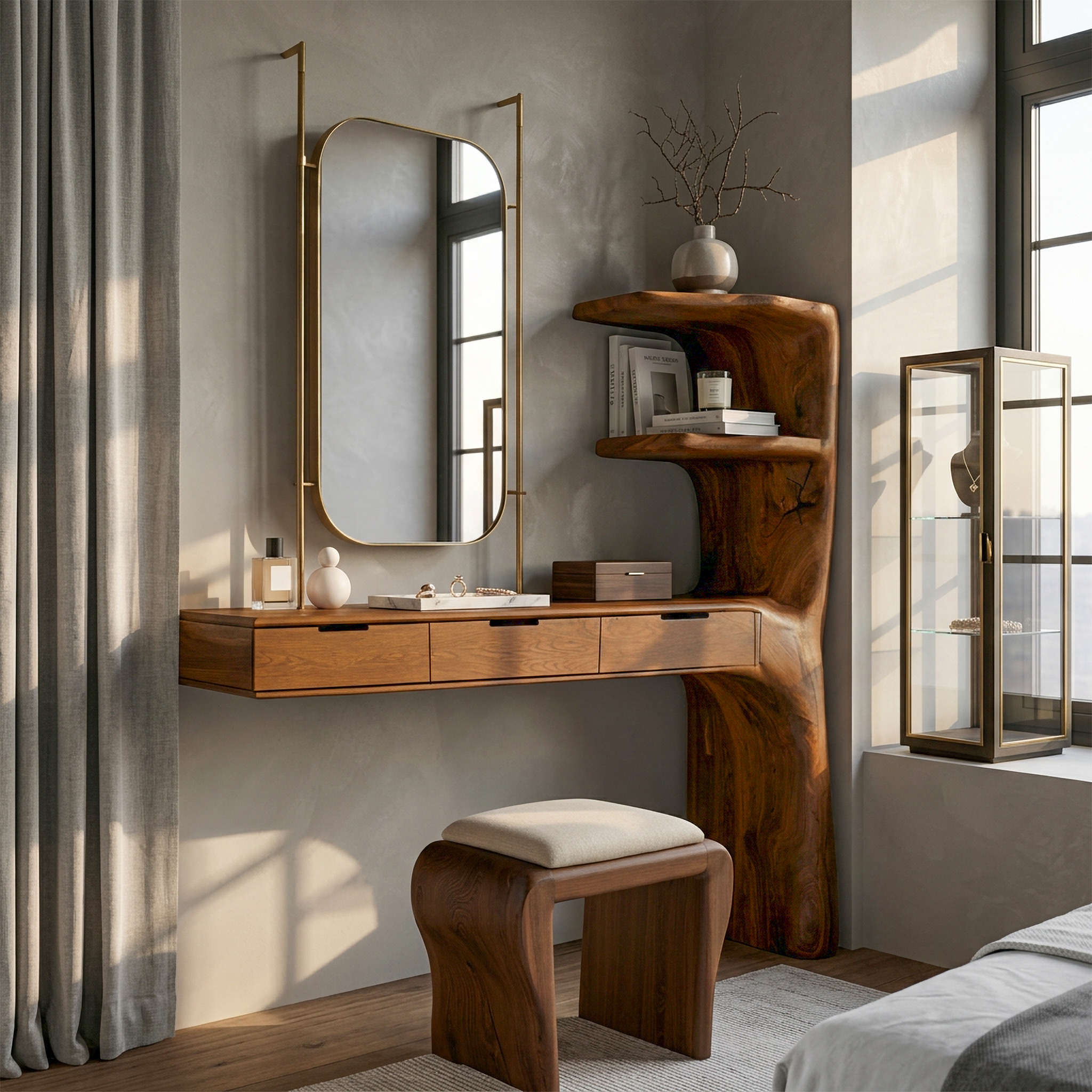 Organic Dressing Table With Built In Storage Shelves For Bedroom And Dressing Room