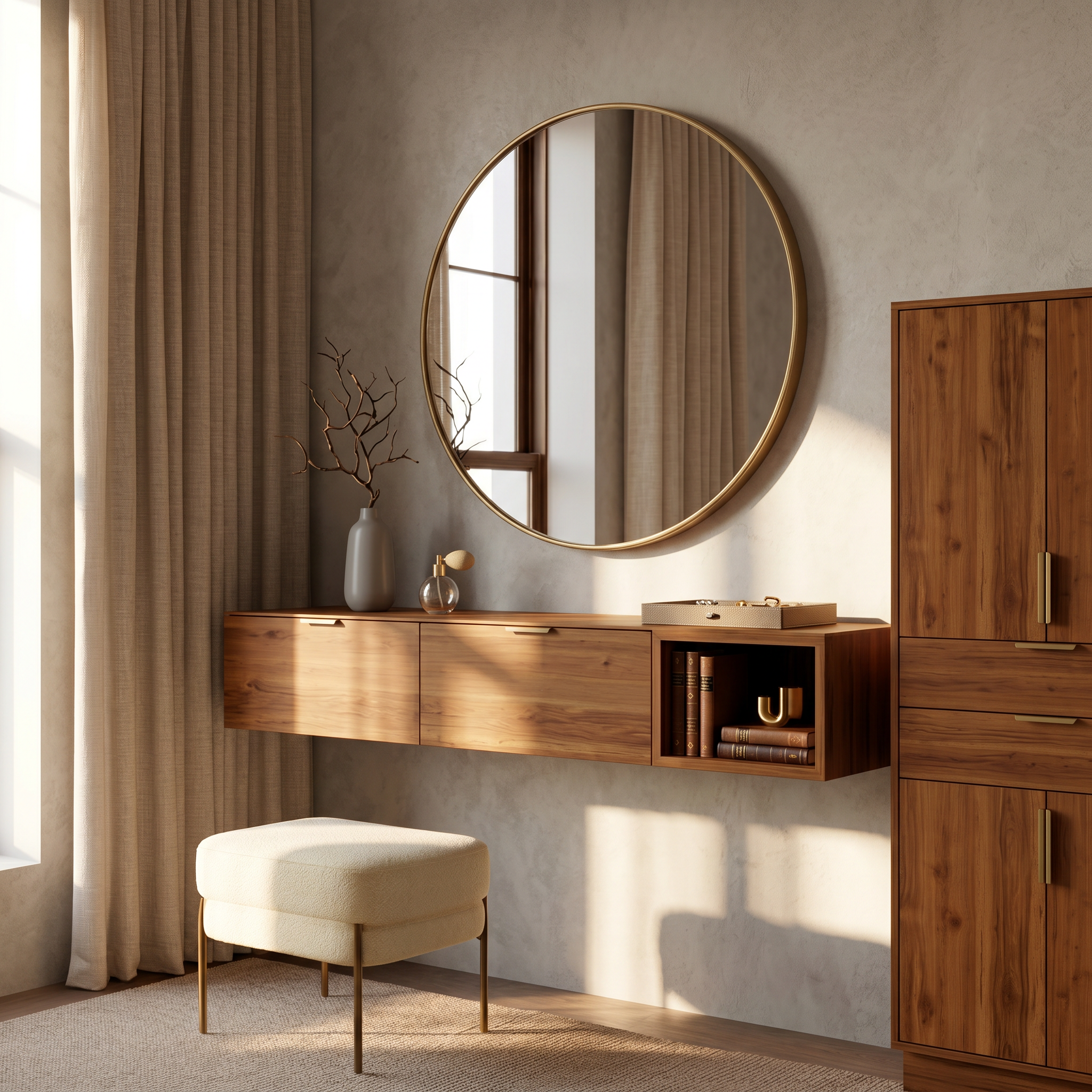 Modern Wall Mounted Dressing Table With Built In Storage For Bedroom
