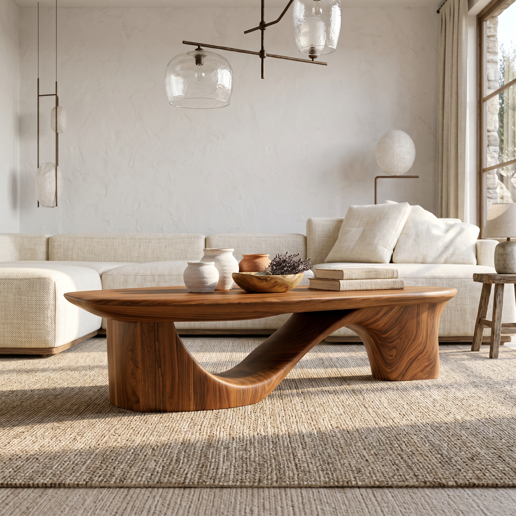Contemporary Coffee Table With Sculptural Wooden Base For Living Room