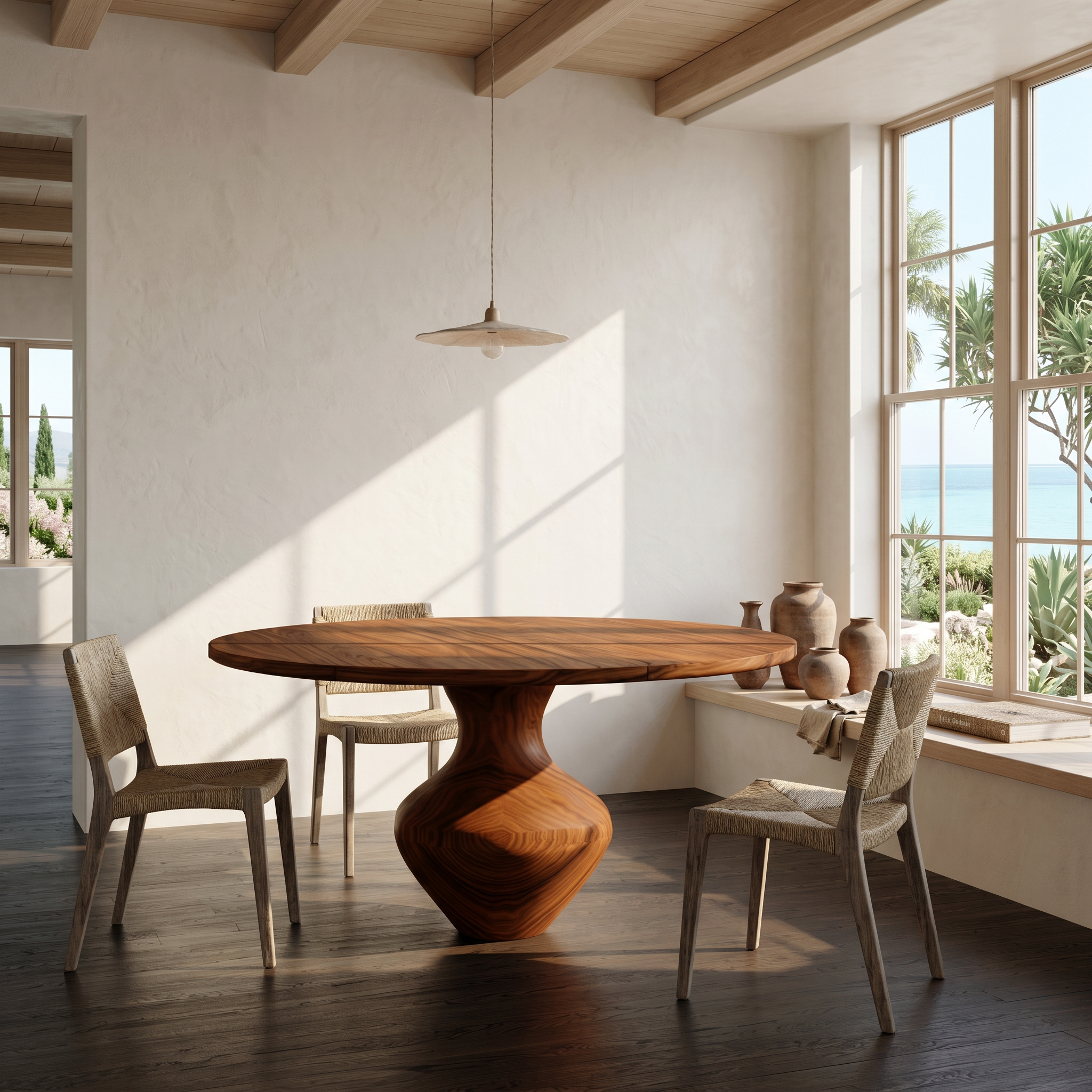 Rustic Dining Table With Sculptural Solid Wood Pedestal Base Farmhouse Round Dining Table With Sculptural Wooden Base For Kitchen