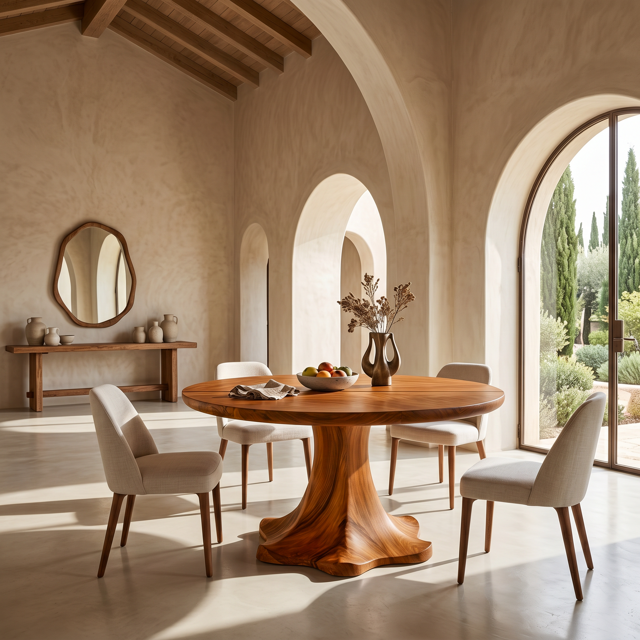 Farmhouse Dining Table With Sculptural Wooden Base Farmhouse Round Dining Table With Sculptural Wooden Base For Dining Room