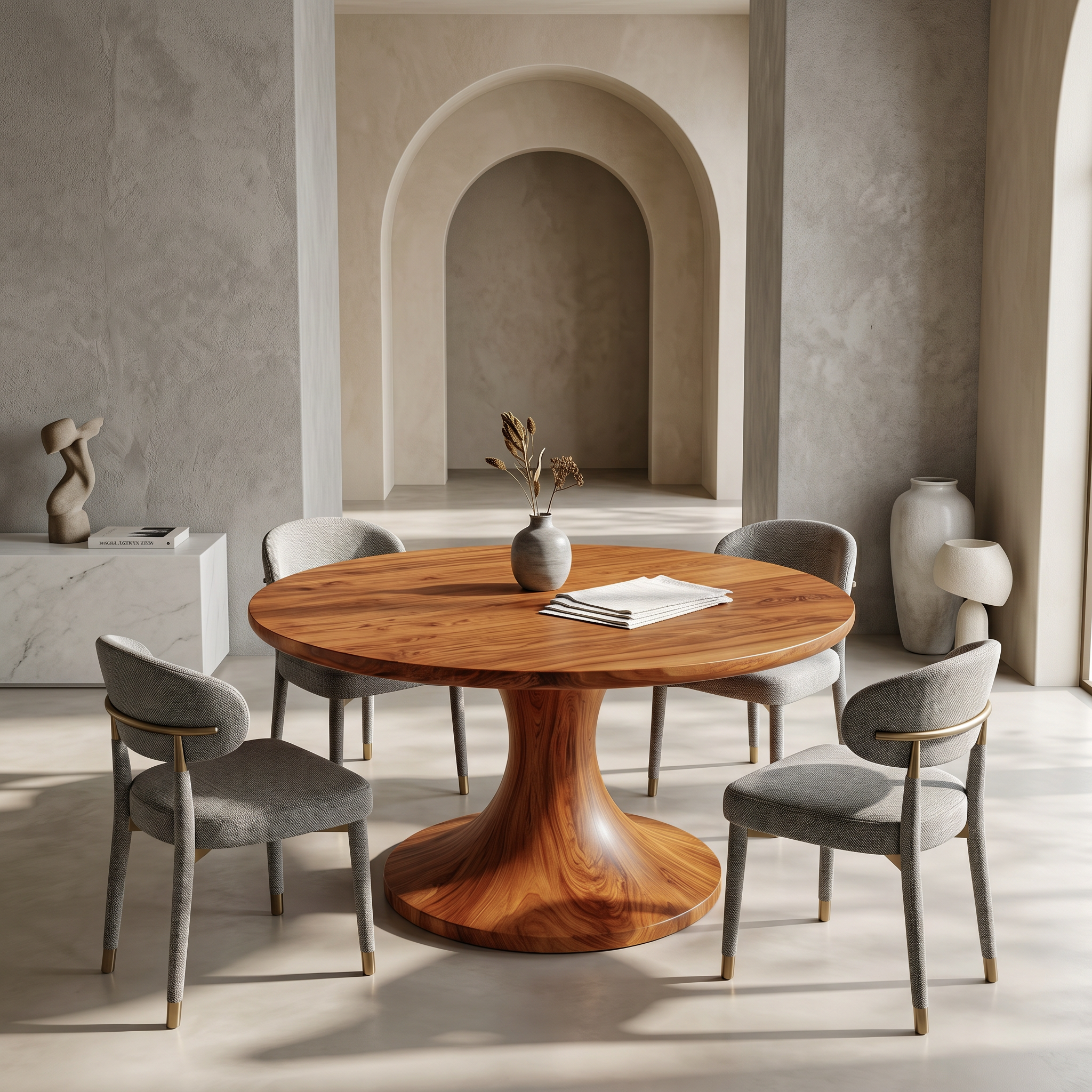 Contemporary Dining Table With Handcrafted Solid Wood Pedestal For Kitchen