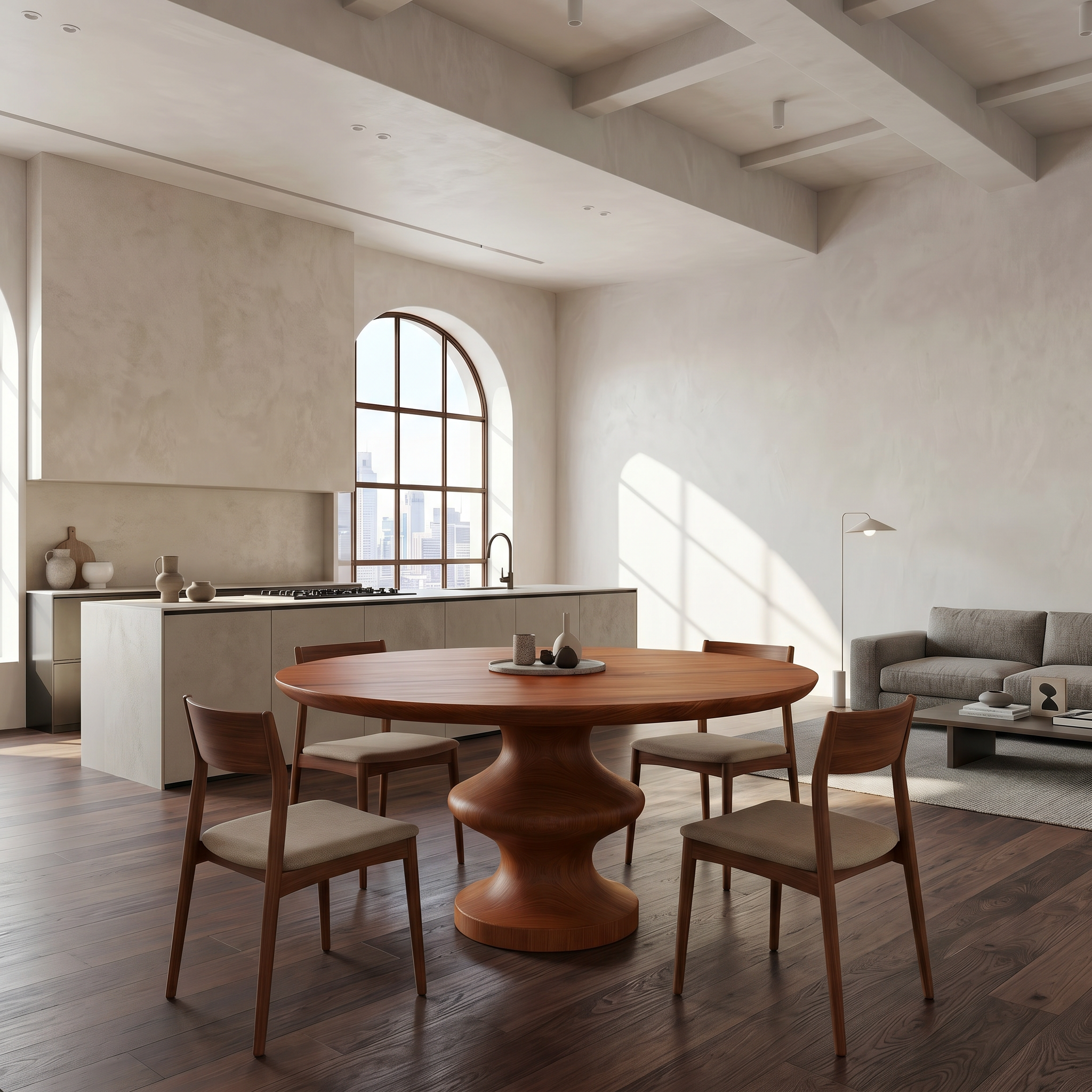 Modern Pedestal Dining Table With Sculptural Solid Wood Base For Dining Room