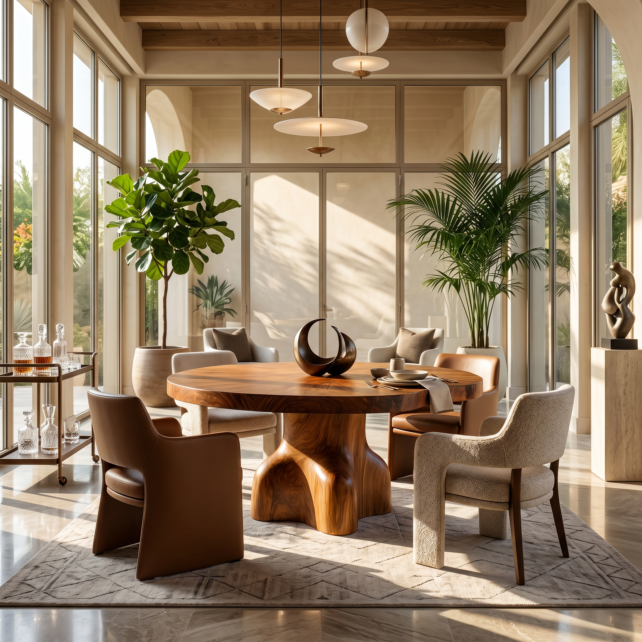 Contemporary Round Dining Table With Sculptural Solid Wood Pedestal For Dining Room