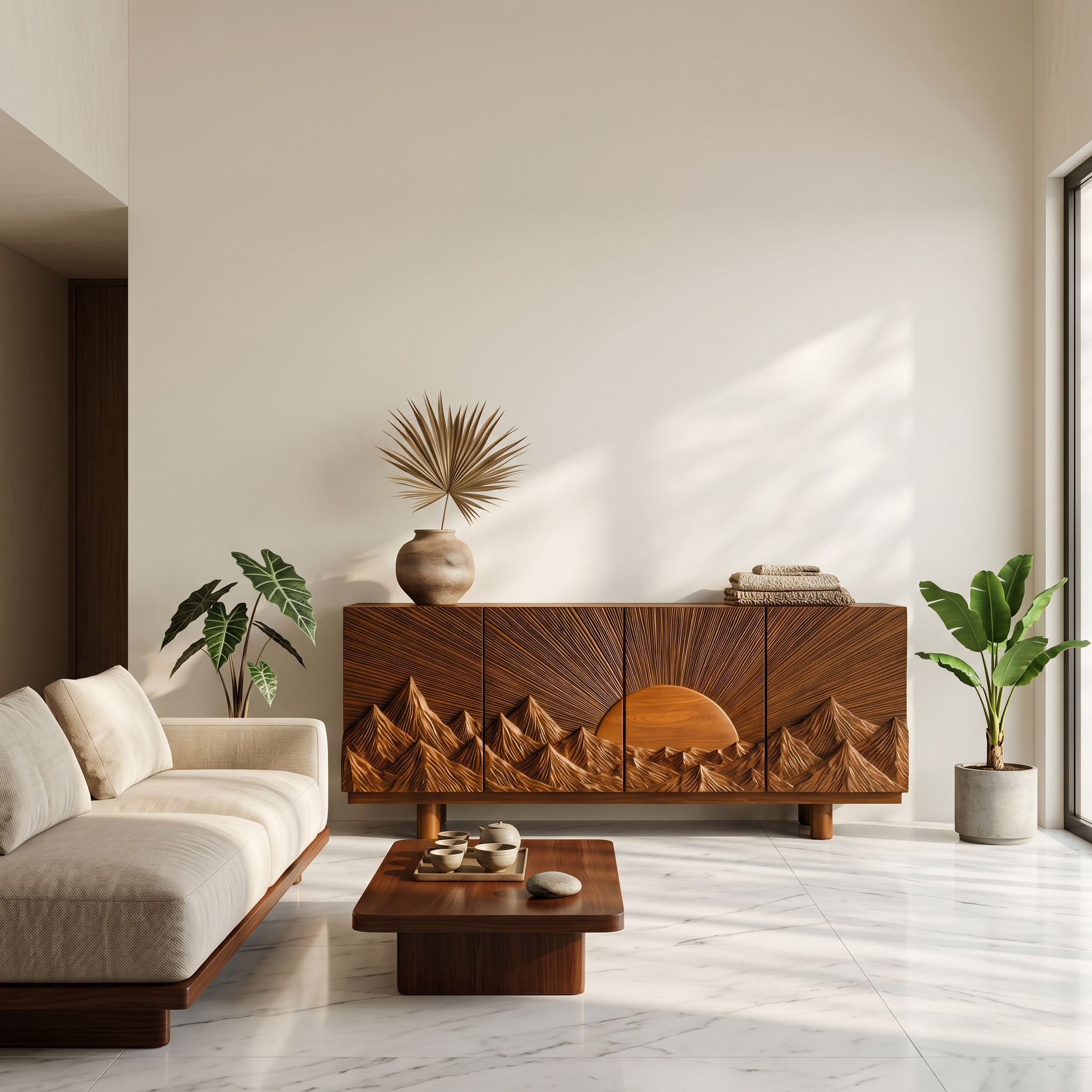 Rustic Mountain Sunrise Sideboard With Carved Wood Doors For Living Room
