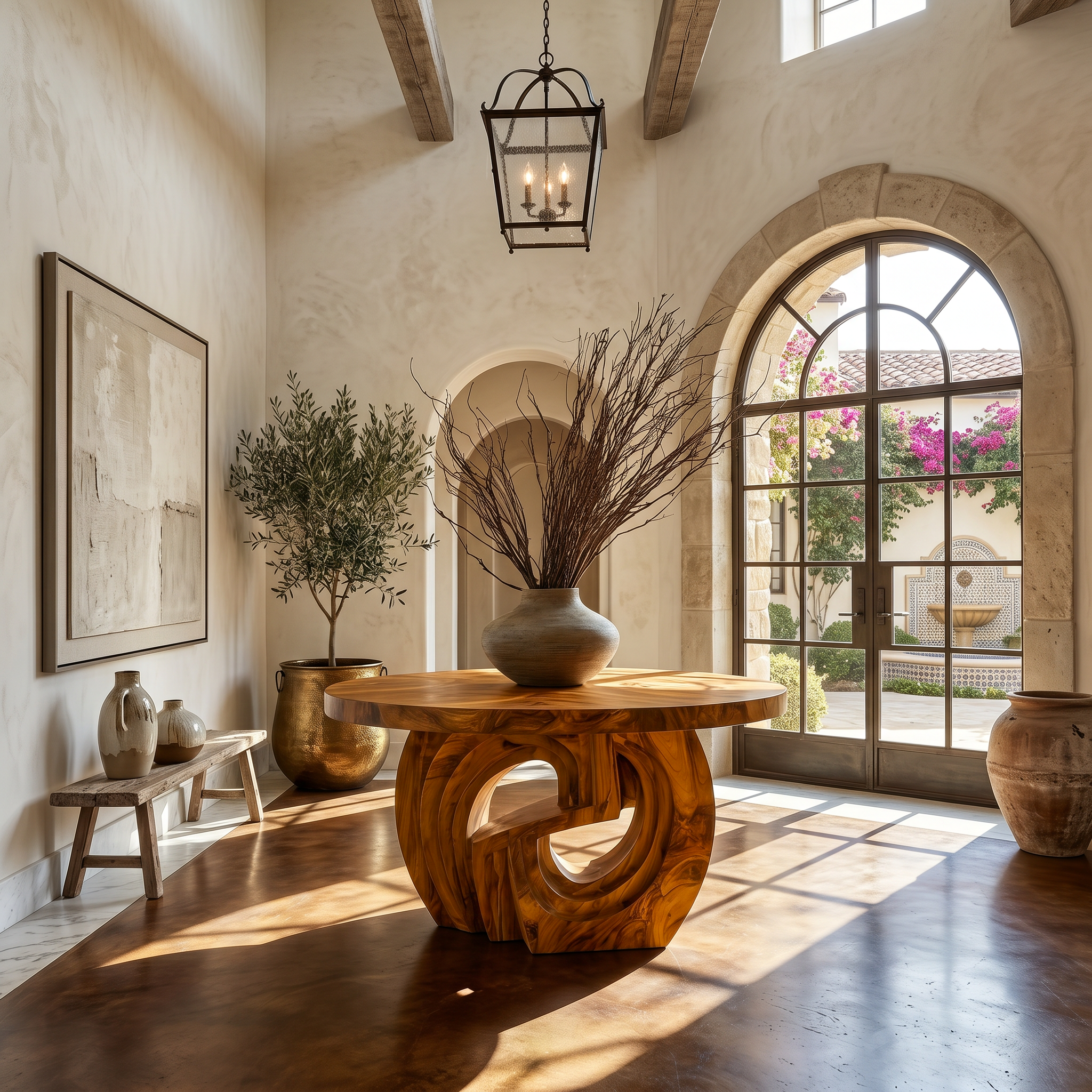 Rustic Foyer Table With Sculptural Ring Pedestal Base For Entryway And Hallway