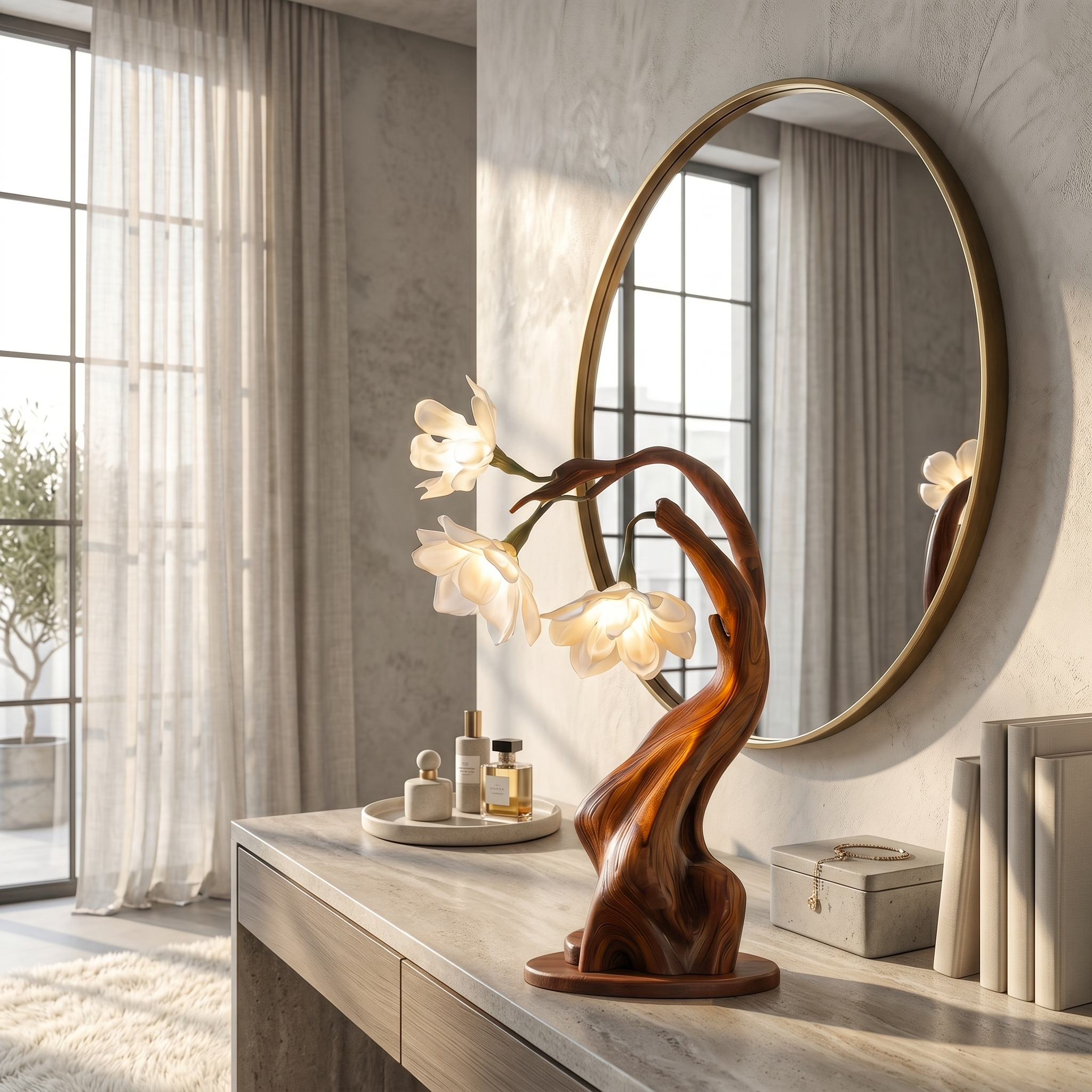 Contemporary Floral Table Lamp With Twisted Solid Wood Base For Bedroom And Living Room