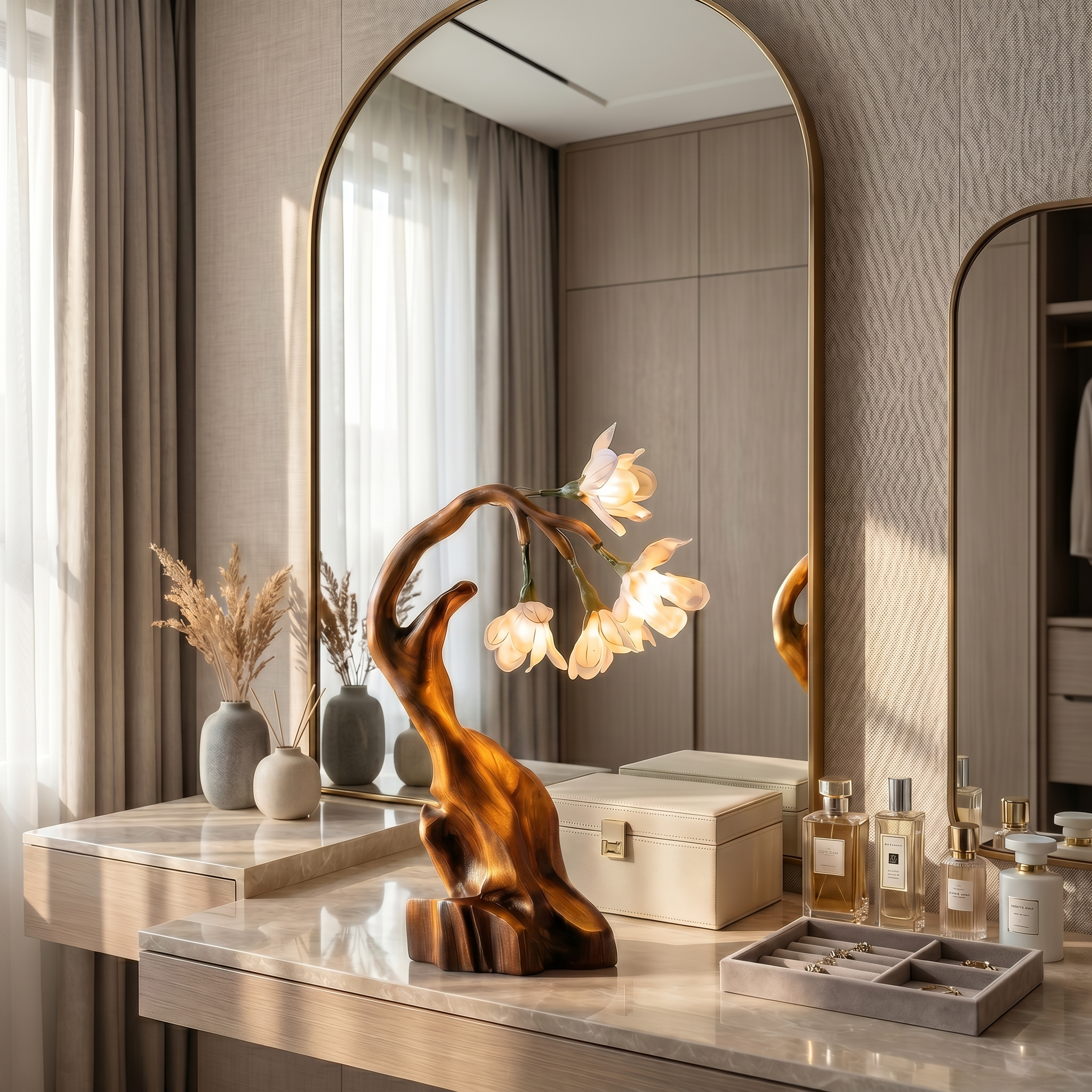 Luxury Floral Table Lamp With Sculptural Driftwood Base For Bedroom And Living Room