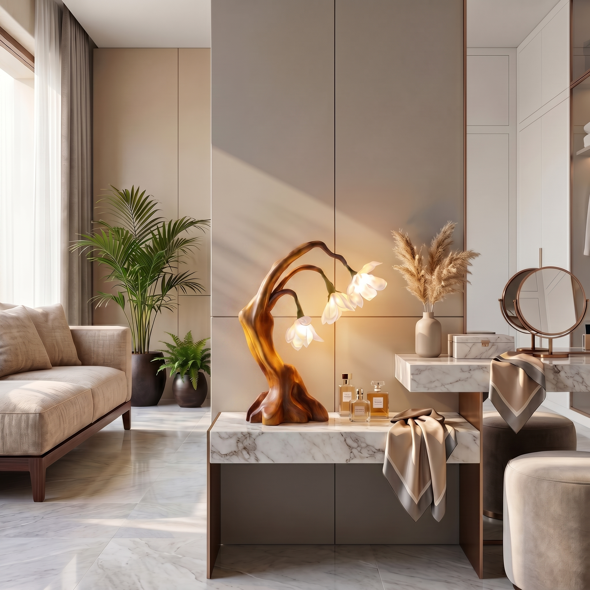 Modern Floral Table Lamp With Sculptural Driftwood Base For Bedroom And Living Room