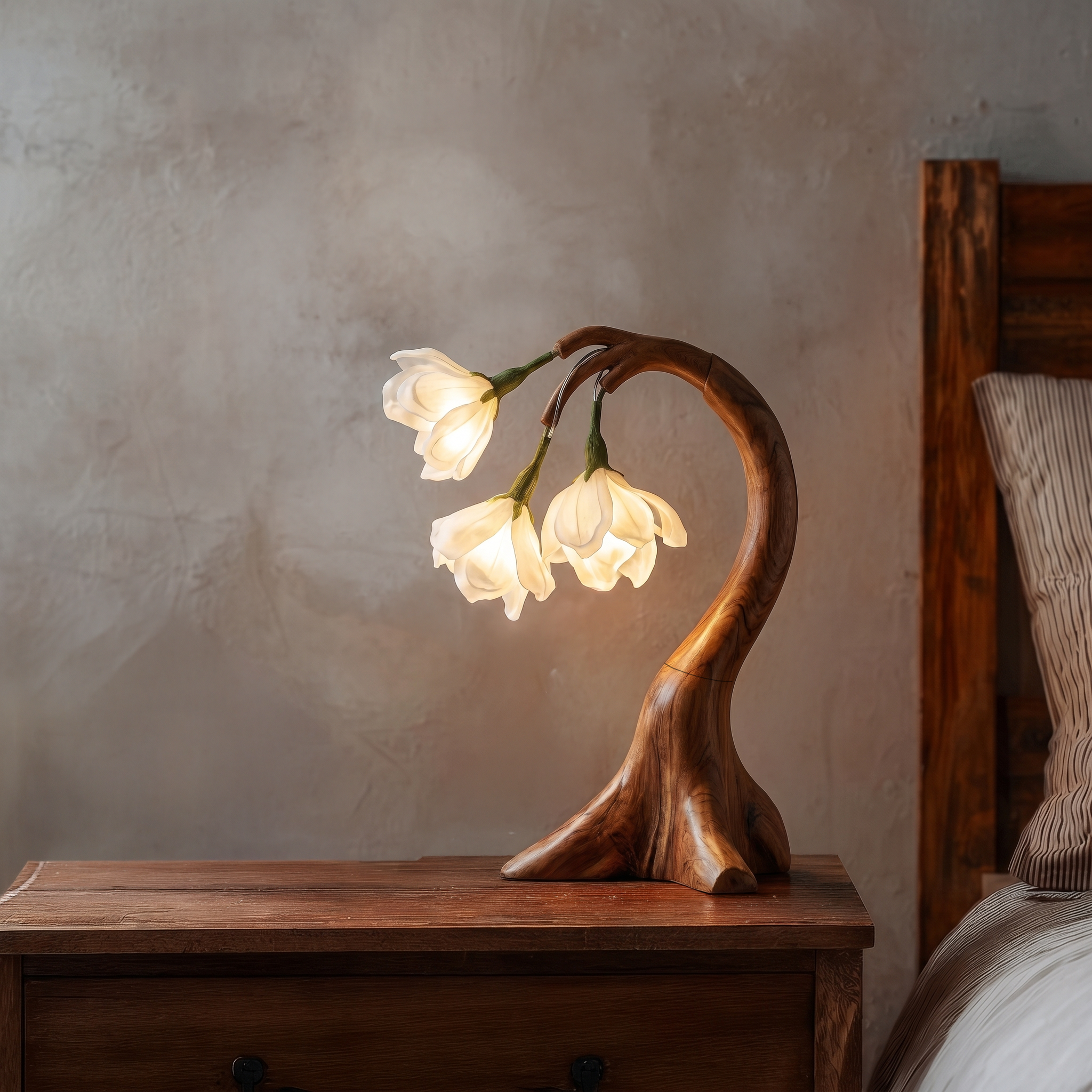 Modern Floral Table Lamp With Sculptural Curved Wood Base For Bedroom And Living Room