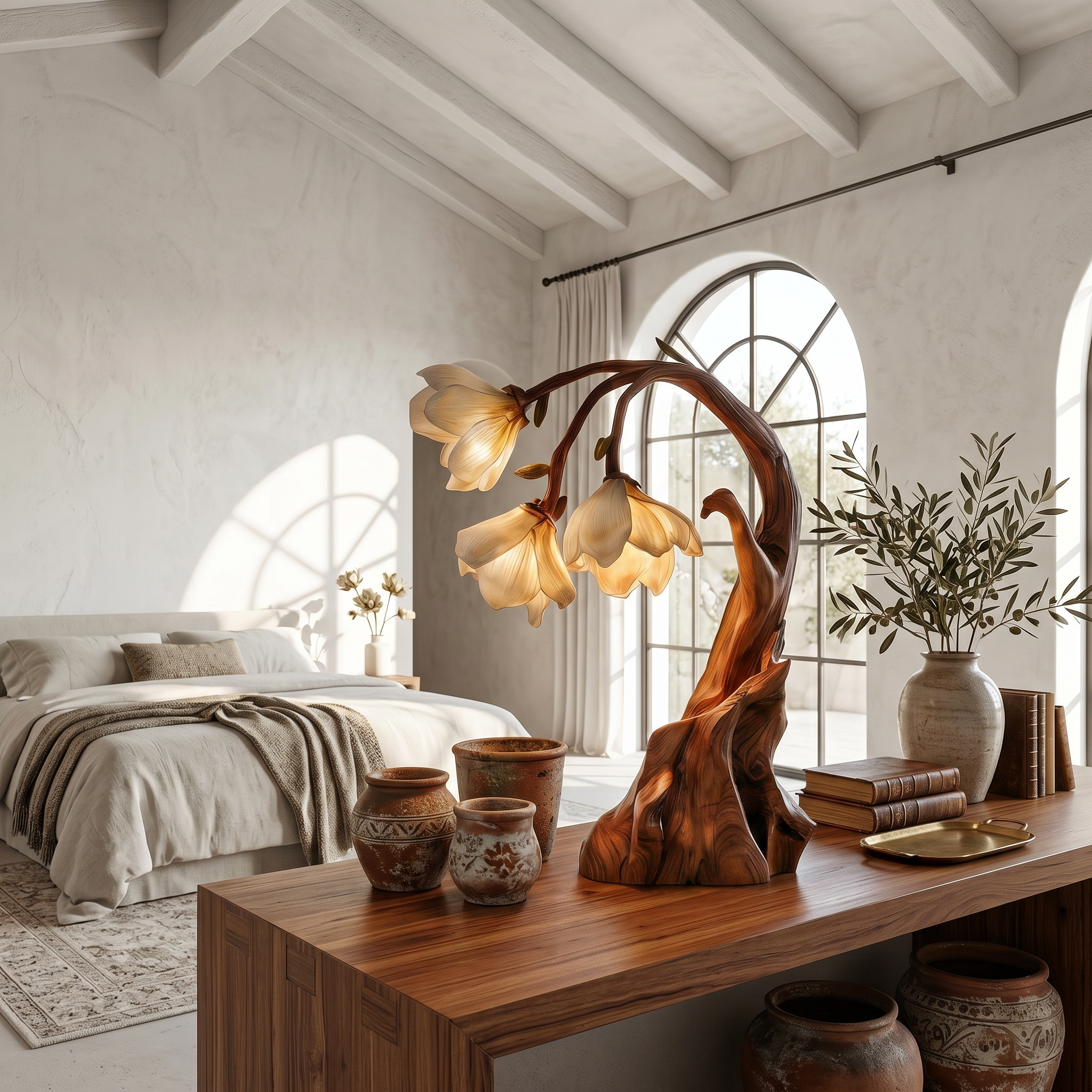Contemporary Floral Table Lamp With Sculptural Solid Wood Base For Bedroom And Living Room