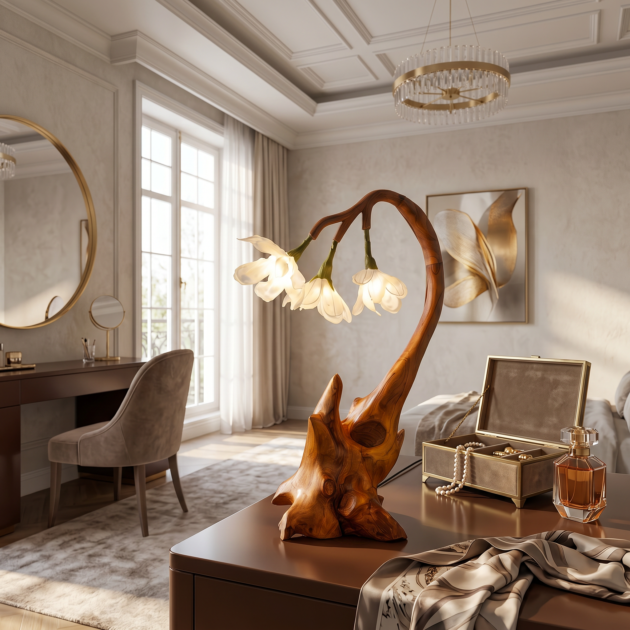 Contemporary Floral Table Lamp With Sculptural Wood Base For Bedroom And Living Room