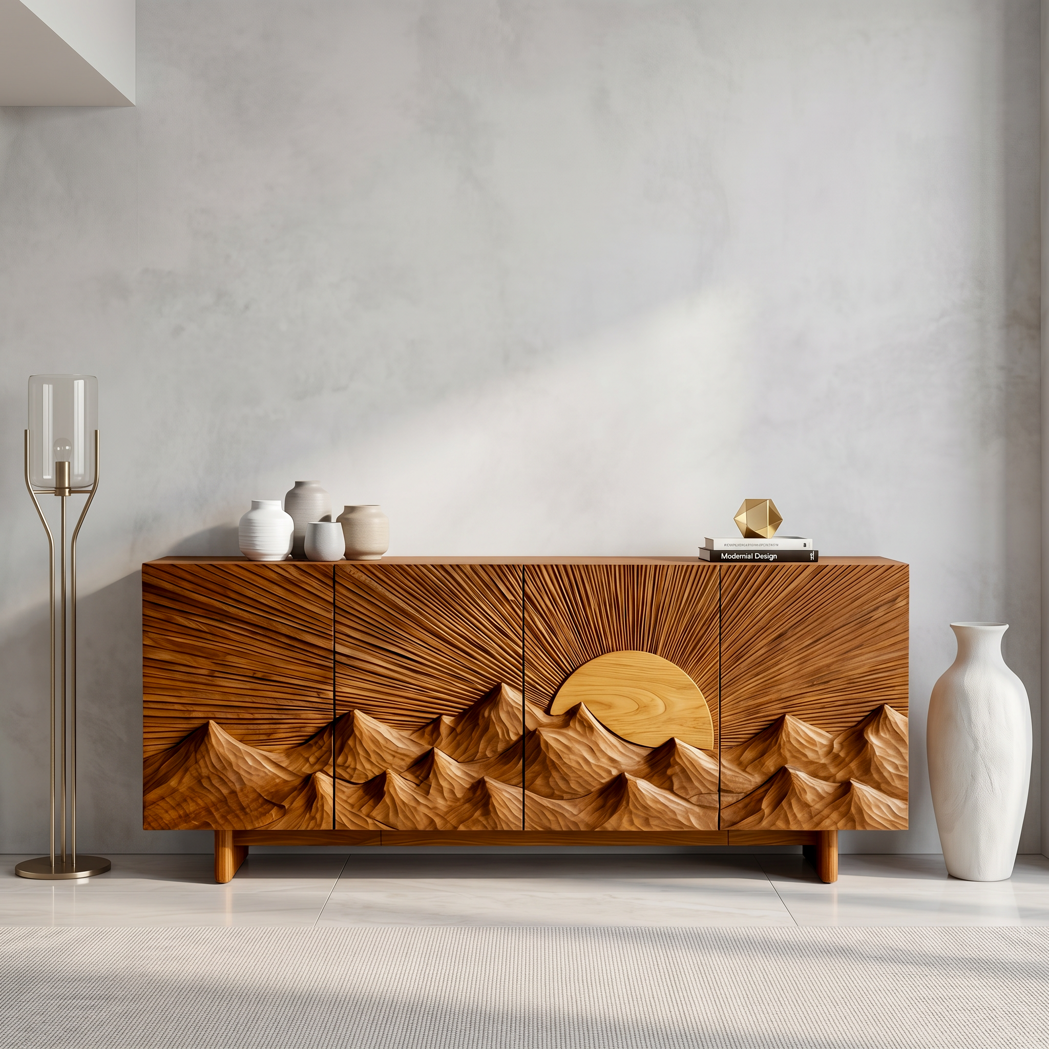 Contemporary Landscape Sideboard With Sculptural Carved Wood Doors For Living Room