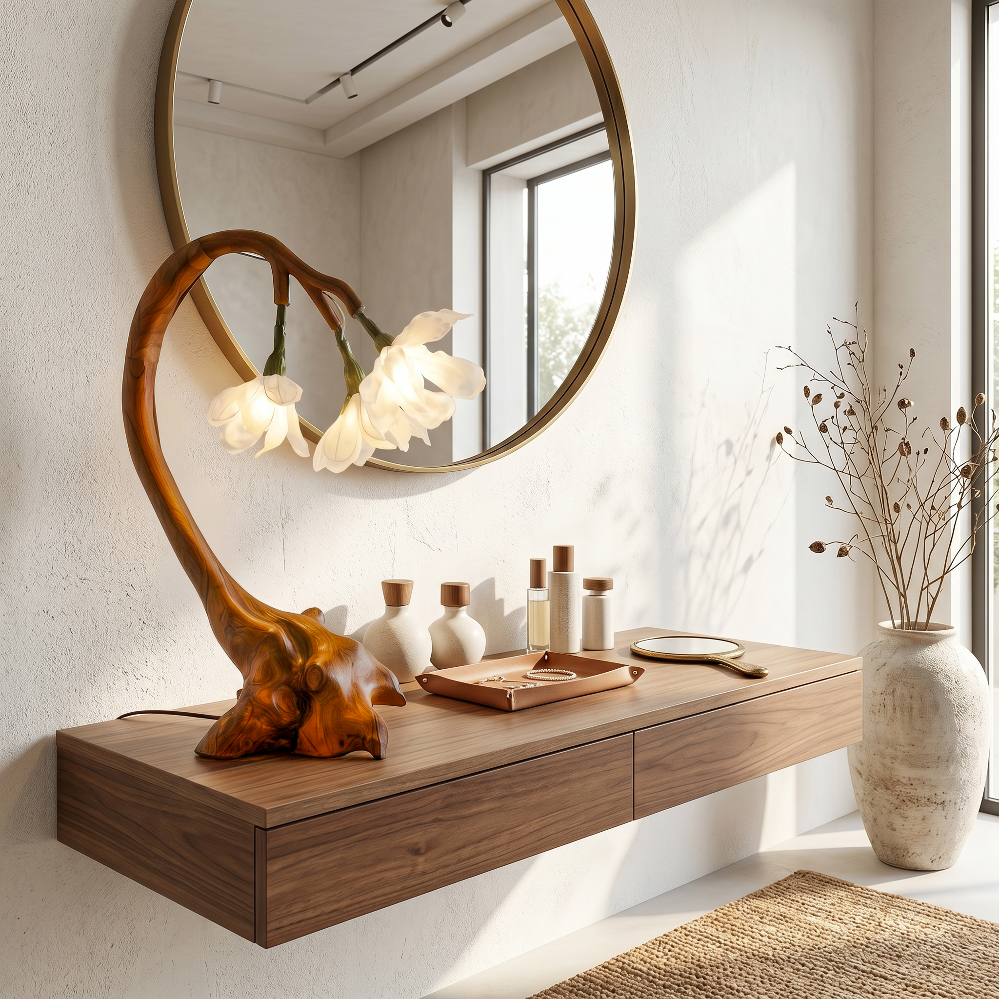 Organic Flower Table Lamp With Sculptural Wood Base For Bedroom And Living Room