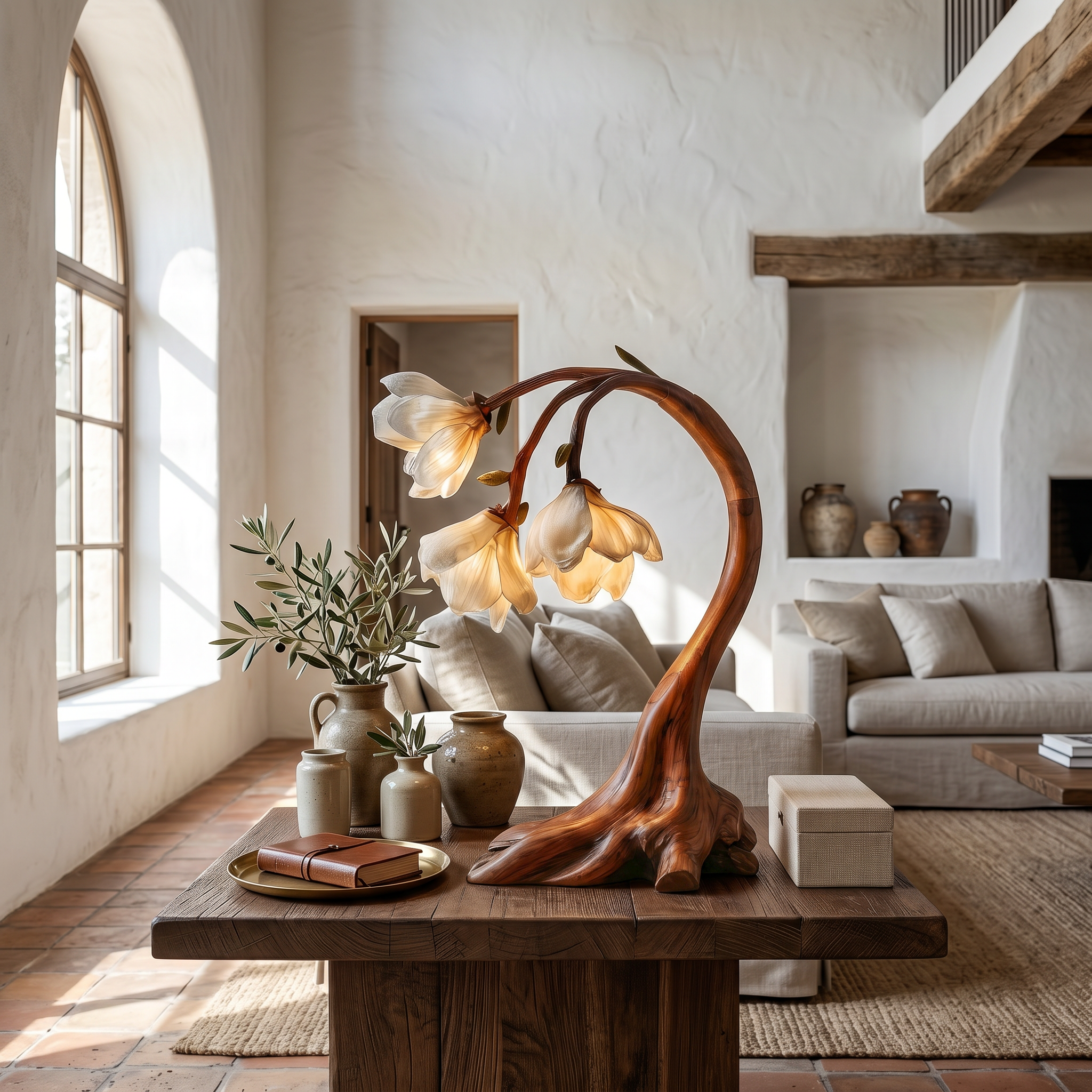 Rustic Floral Table Lamp With Sculptural Driftwood Base For Bedroom And Living Room