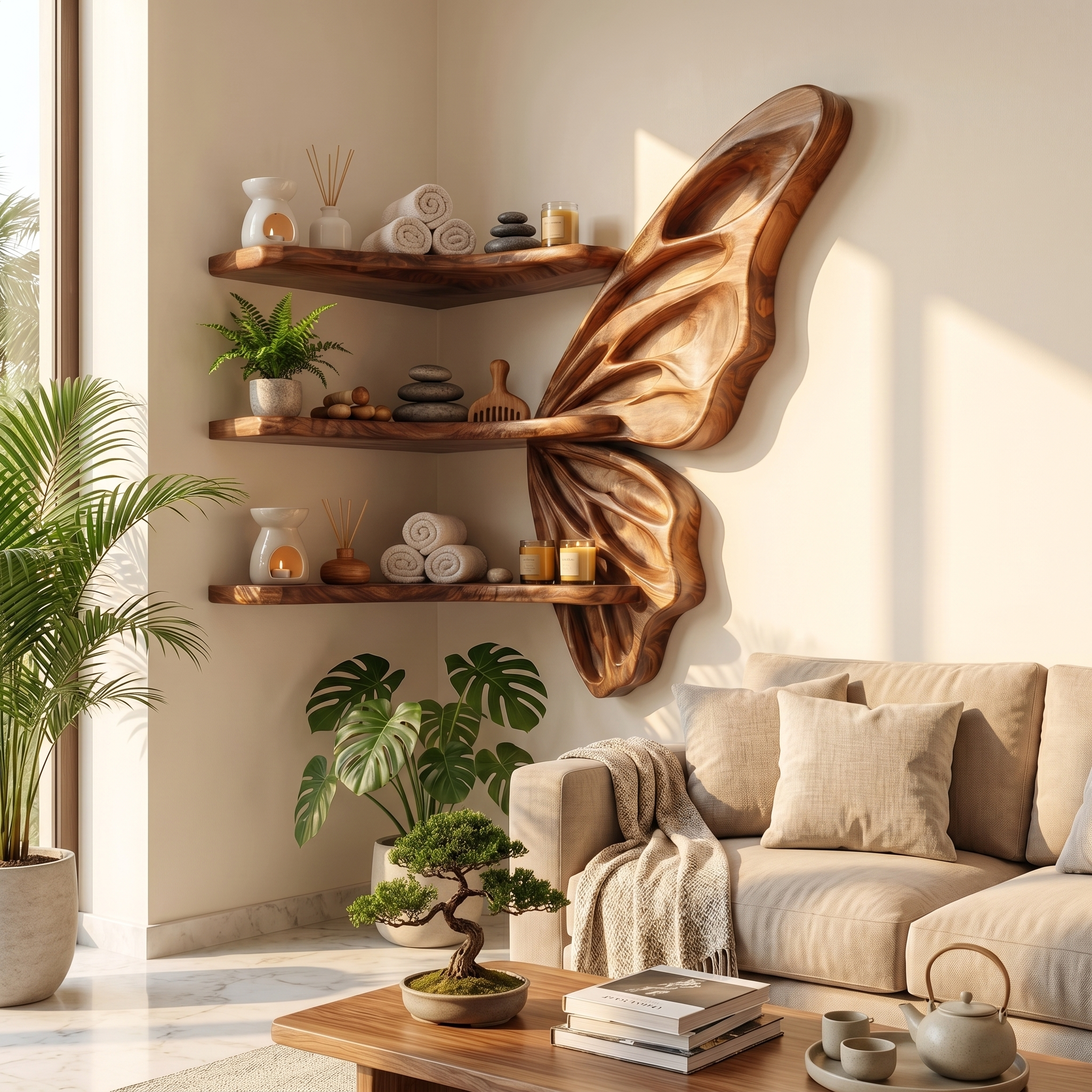 Organic Butterfly Wall Shelf With Floating Display Shelves For Living Room