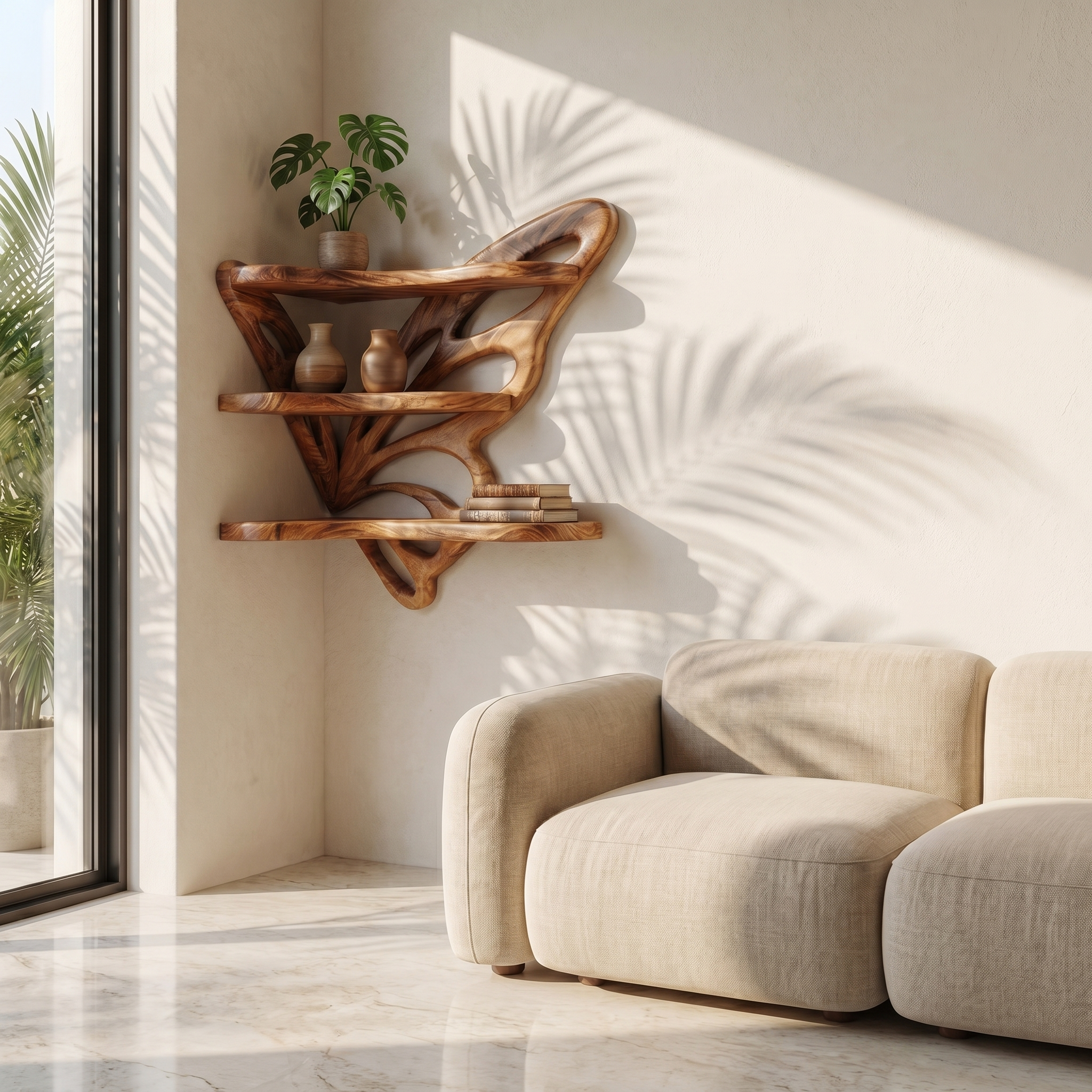 Rustic Butterfly Floating Shelf With Natural Live Edge Wood Design For Living Room